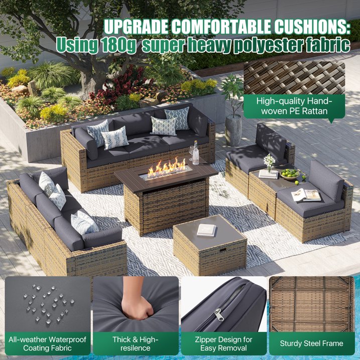 Clouddwell 11 Piece Patio Furniture Set with 44” Fire Pit Table Wicker Rattan Patio Conversation Set Outdoor Sectional Sofa Set with Coffee Table and Gray Cushions(Waterproof Cover Included)
