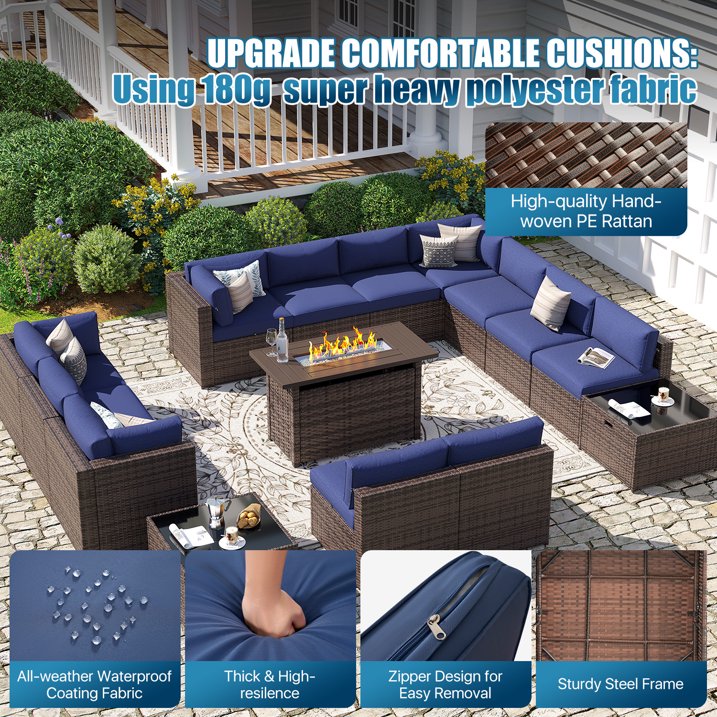Sunmthink Patio Furniture Sets, 15-Piece Outdoor Patio Furniture with 44'' Propane Gas Firepit Table, Wicker Outdoor Conversation Set and Waterproof Cover for Backyard, Poolside, Garden