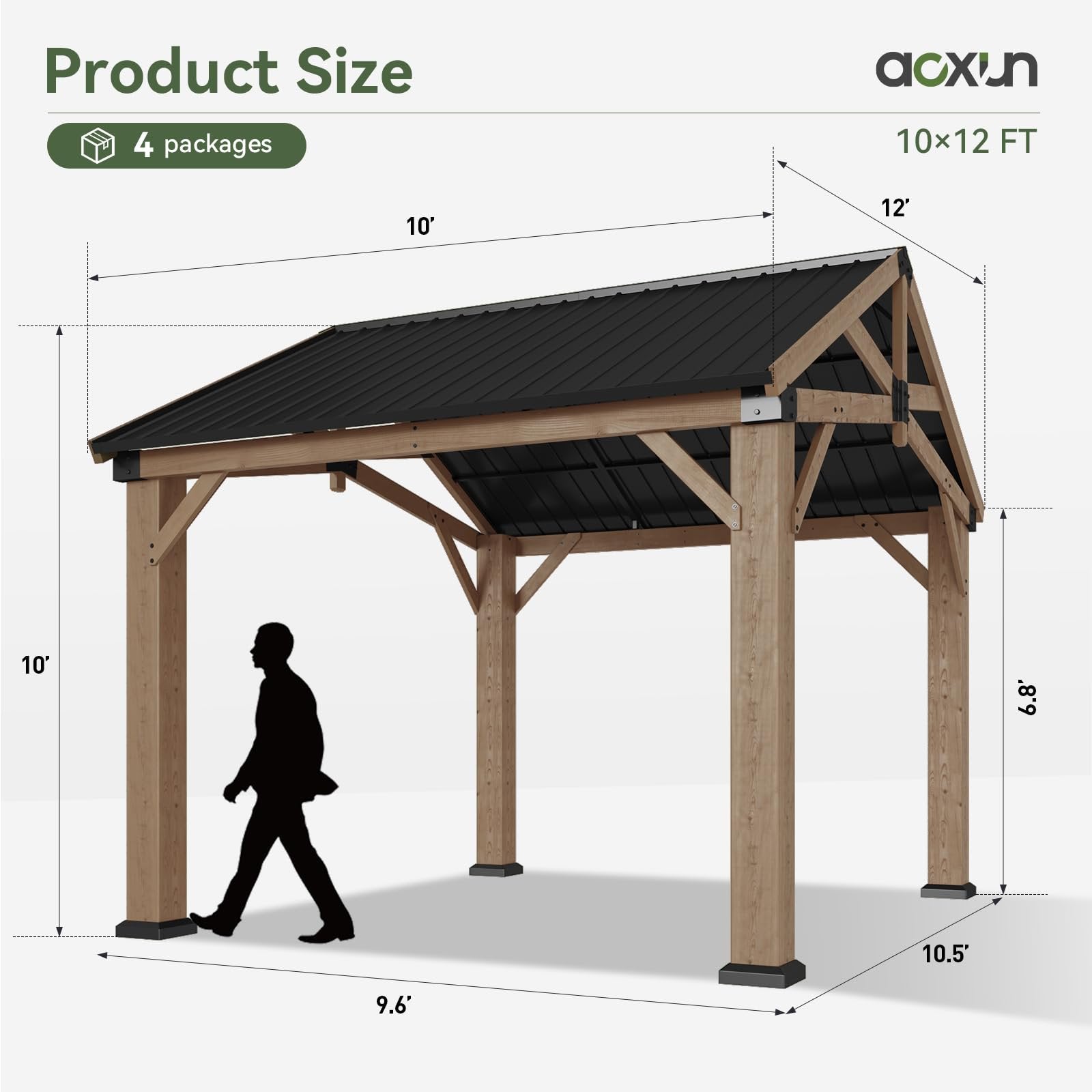 10' x 12' Outdoor Wood Gazebo, Hardtop Gazebo Permanent Wooden Pavilion with Galvanized Steel Gable Roof, for Patio, Garden, Deck, Cedar Wood