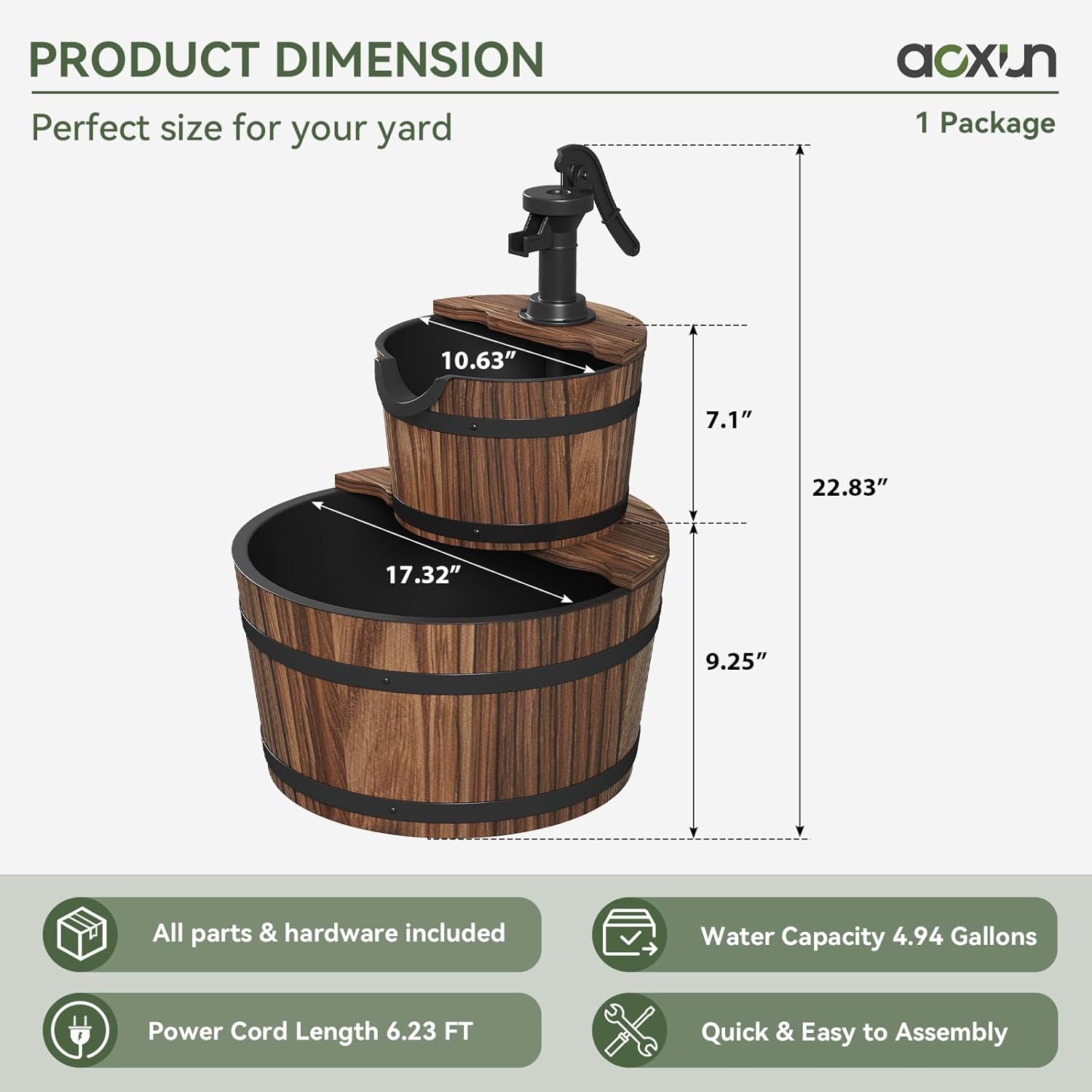 Outdoor Water Fountain, Wood Barrel Cascading with Electric Decorative Hand Pump, Rustic Waterfall Fountain for Garden, Backyard, Patio, Porch, Yard