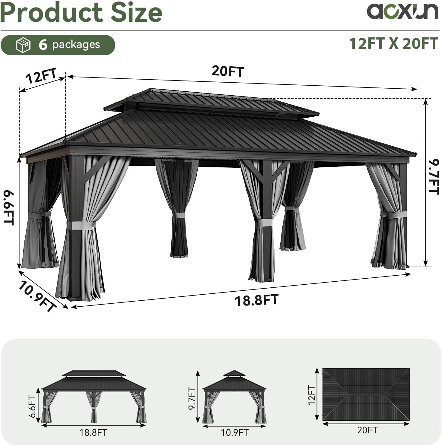 Aoxun 12' X 20' Hardtop Gazebo, Aluminum Outdoor Gazebo with Galvanized Steel Double Roof Canopy, Permanent Metal Pavilion with Privacy Curtain and Netting, for Poolside, Backyard, Square Foundation