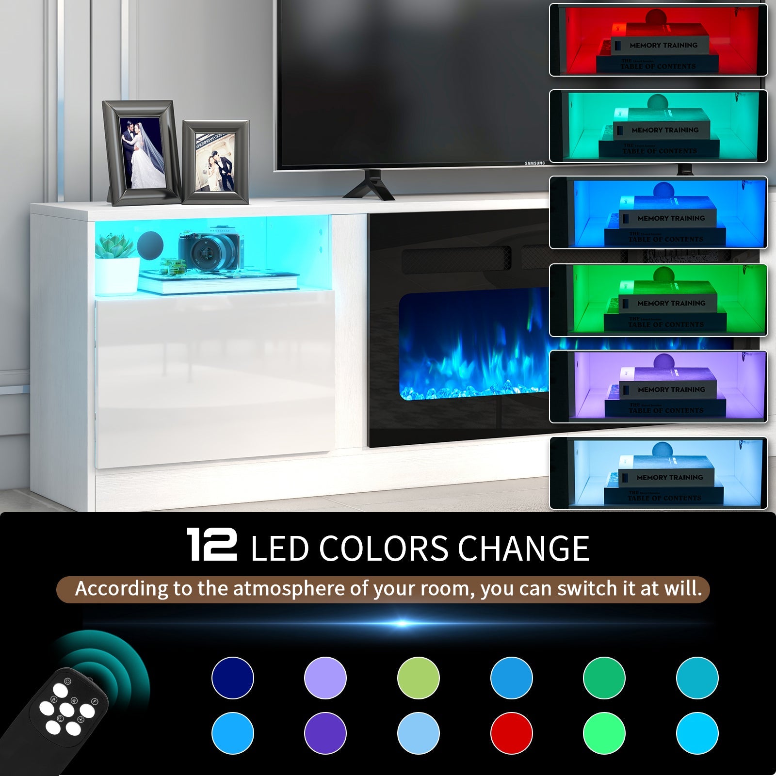 Fireplace TV Stand for TVs up to 90", 80" TV Stand with 36" Electric Fireplace, With 12 Color LED Lights Entertainment Center, White