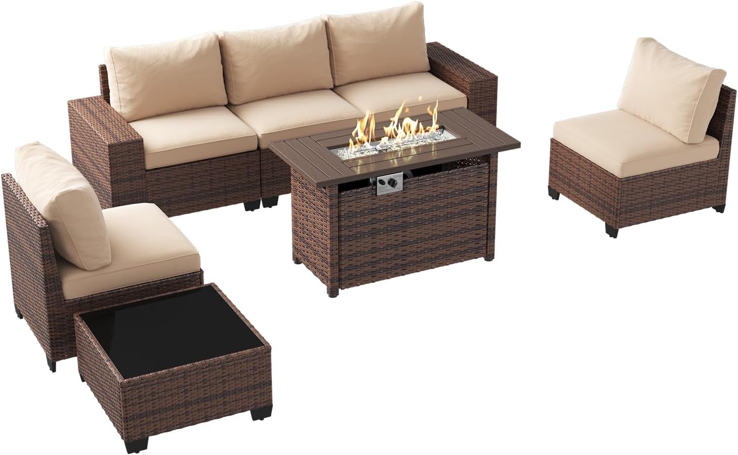 Aoxun Outdoor Furniture with 44'' Fire Pit, 7 Pcs Outdoor Patio Furniture Sets with 4in Thicken Cushion, Widen Armrests Wicker Outdoor Sectional for Backyard (Waterproof Cover Include)