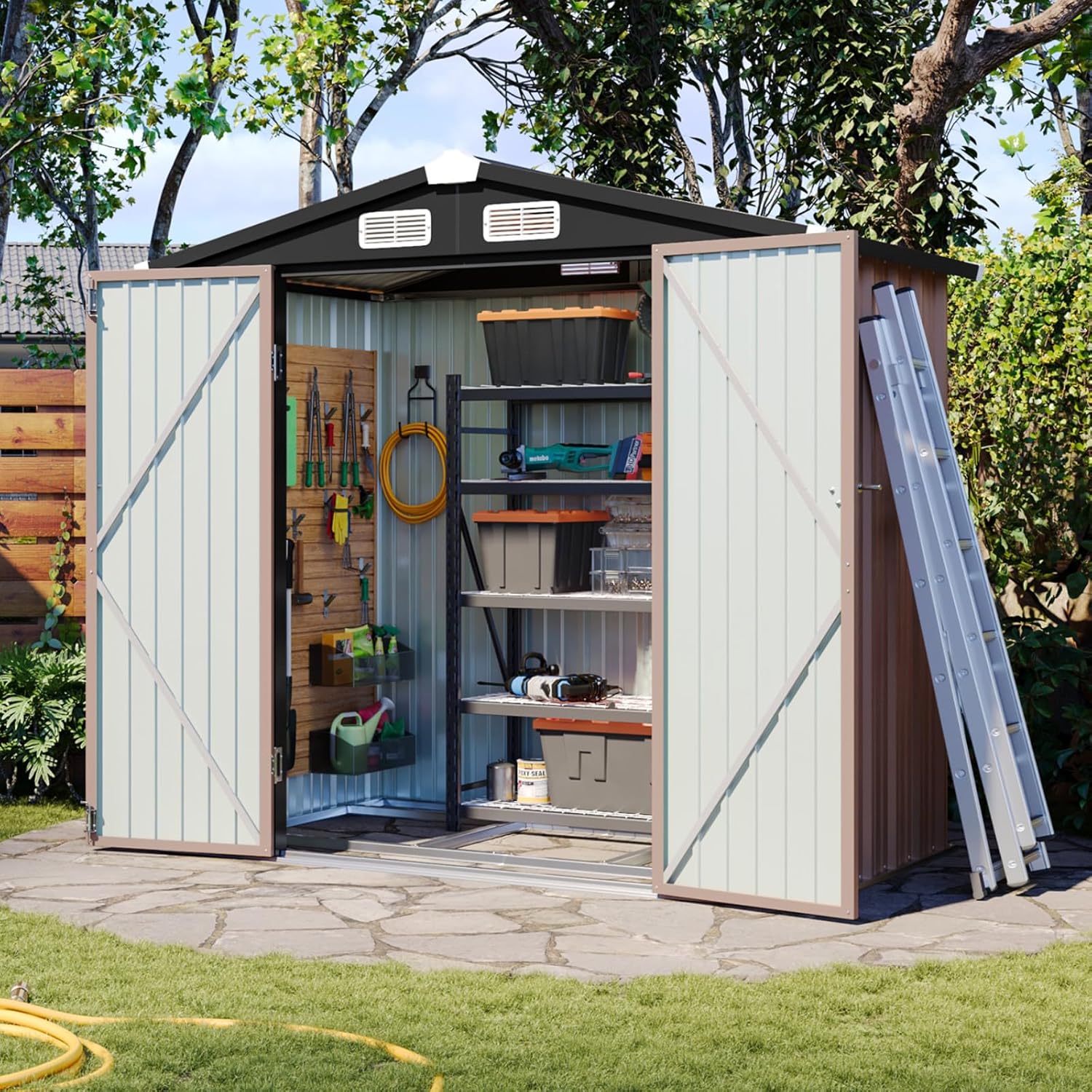 Aoxun 6x3.9 FT Shed with Base Metal Outdoor Storage Shed Garden Shed with Lockable Doors Tool Shed Bike Shed for Backyard, Patio, Poolside (Brown)