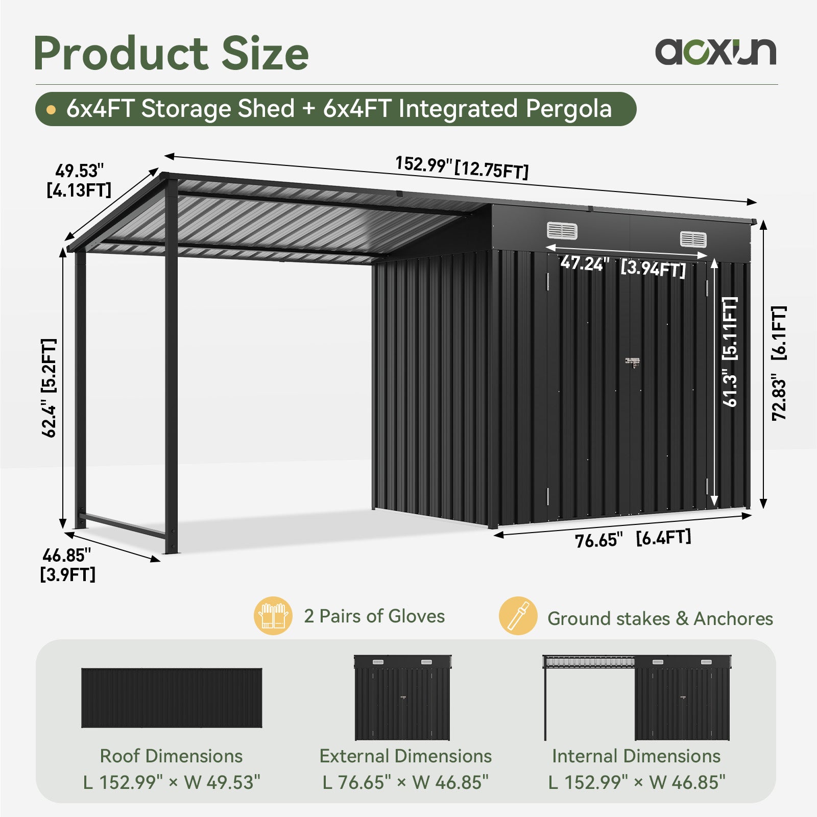 Aoxun 6x4FT Outdoor Storage Shed & Hardtop Gazebo Combo, 12x4FT Metal Lean to Shed with Open-Sided Pergola, 2-in-1 Durable Garden Tool Shed for Patio, Backyard, Deck