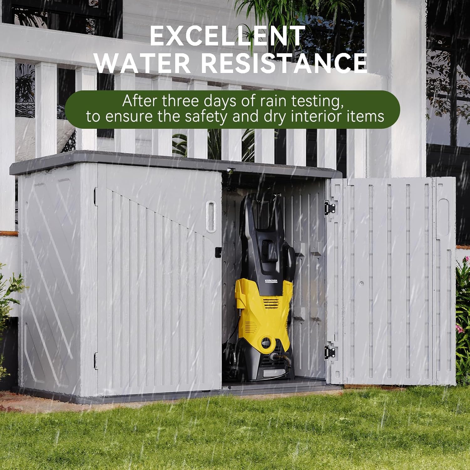 Aoxun White Outdoor Storage Cabinet with 2 Shelves, 35 Cu.Ft Trash Can Storage Shed, Waterproof, Horizontal Storage for Garbage Bin, Generator, Lawn Mower