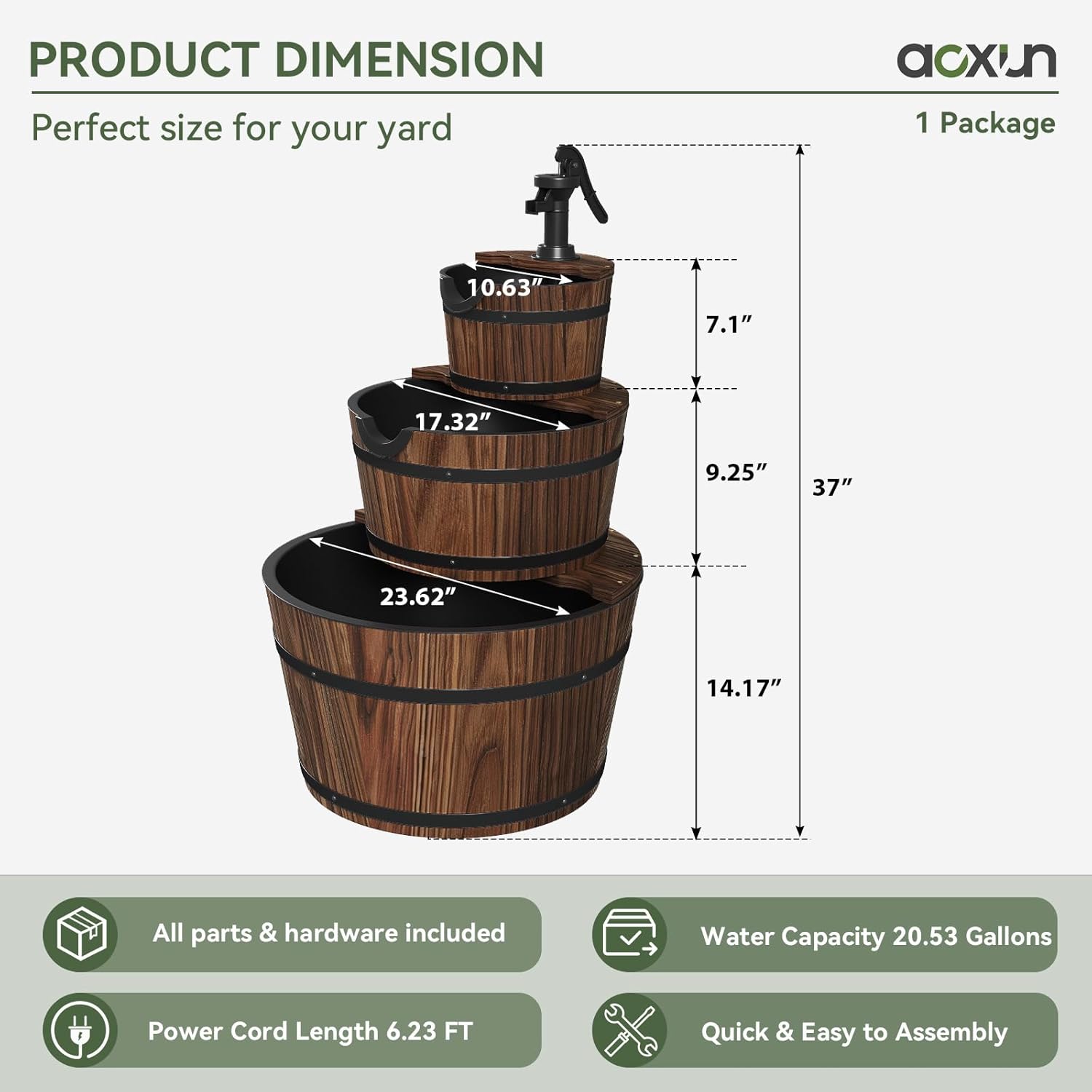 Outdoor Water Fountain, Wood Barrel Cascading with Electric Decorative Hand Pump, Rustic Waterfall Fountain for Garden, Backyard, Patio, Porch, Yard