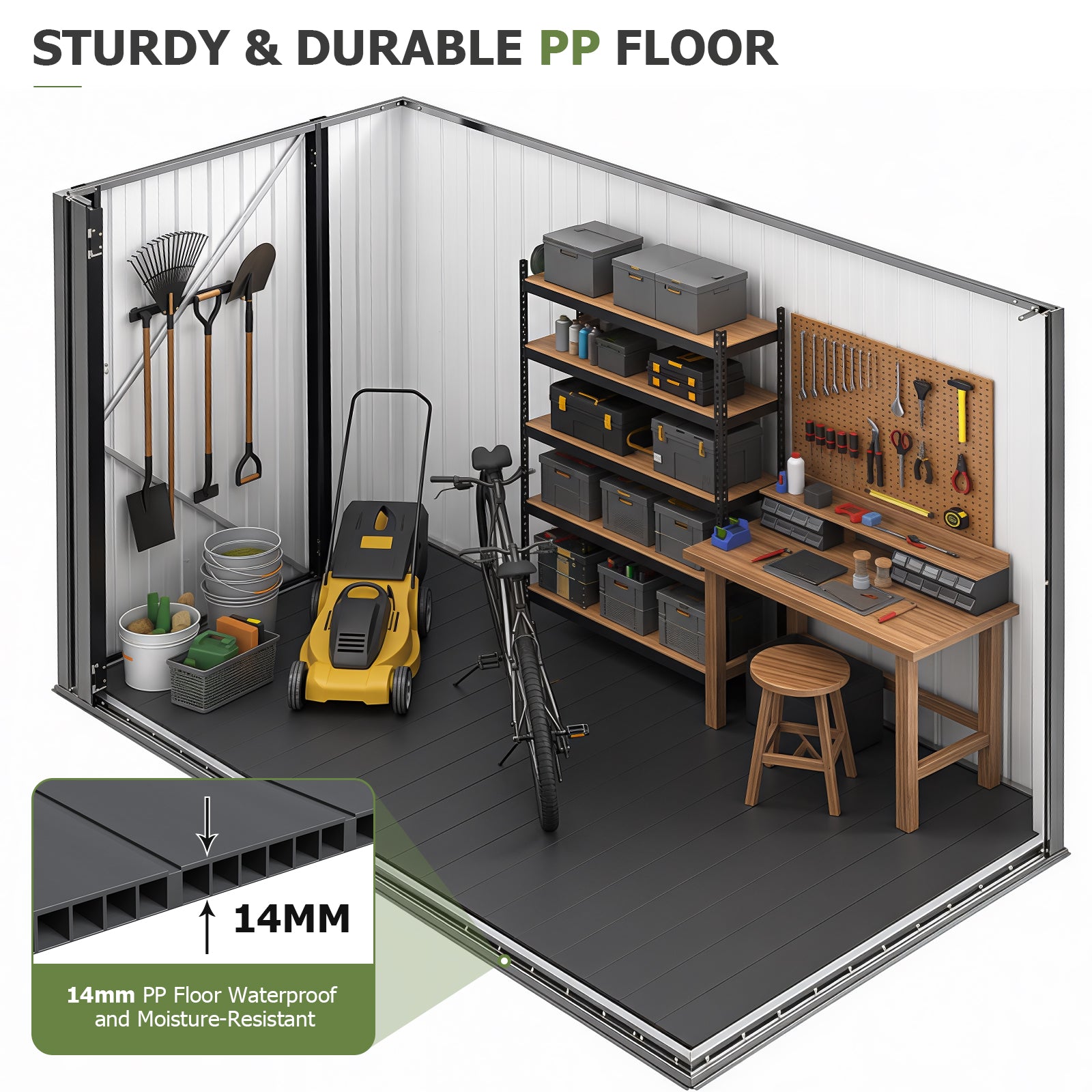 Aoxun 7.5'x4' Outdoor Storage Shed with 3 Lockable Doors & 14mm PP Floor | 7.5x4 FT Metal Garden Shed with Floor, Outdoor Storage Cabinet with Sloping Roof for Backyard, Black