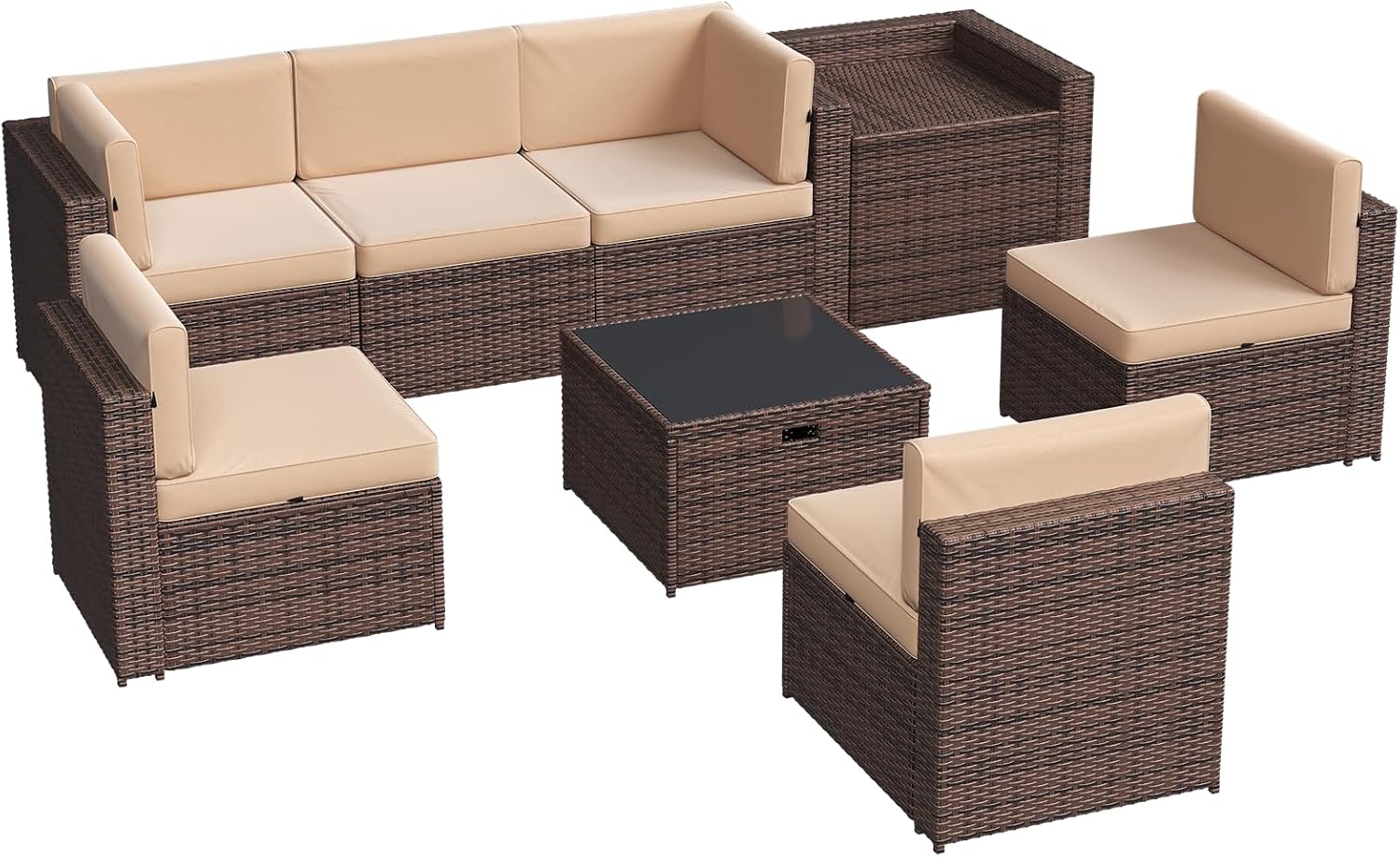 Aoxun 8 Piece Patio Furniture Set, Wicker Outdoor Furniture Set with Storage Box and Glass Top Table, Patio Sectional Set with Thickened Cushions and Include Waterproof Cover