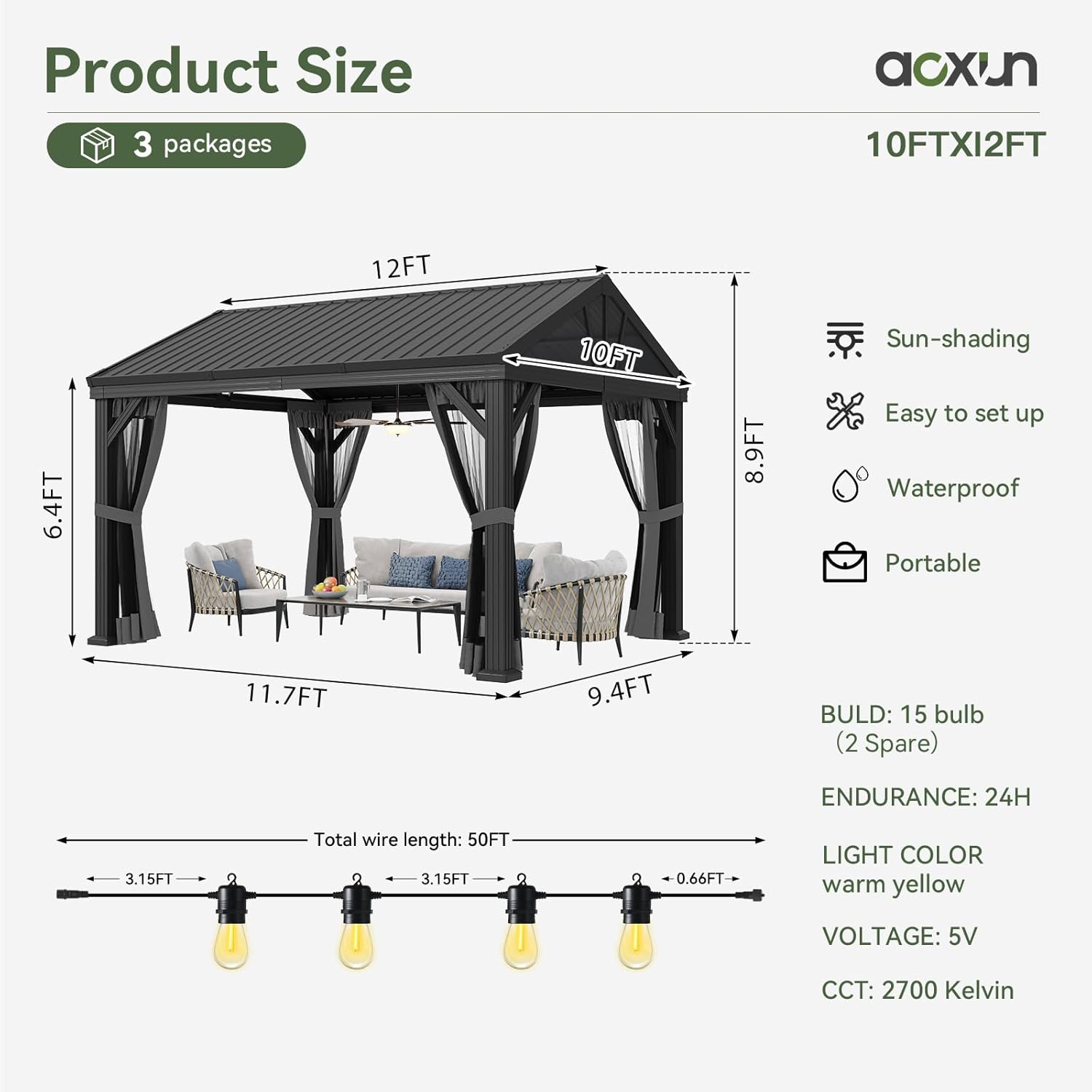 10' x 12' Aluminum Pavilion Gazebo with Gable Roof