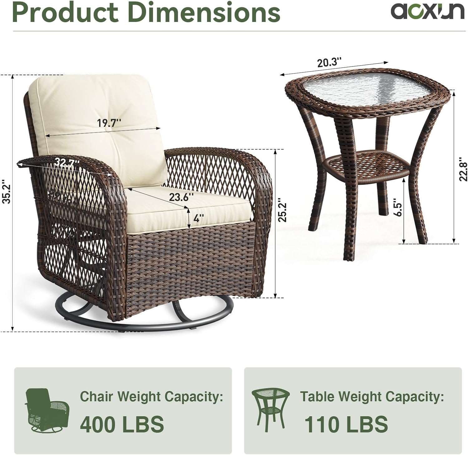 3 pcs Swivel Rocking Chairs & Tempered Glass Table Set