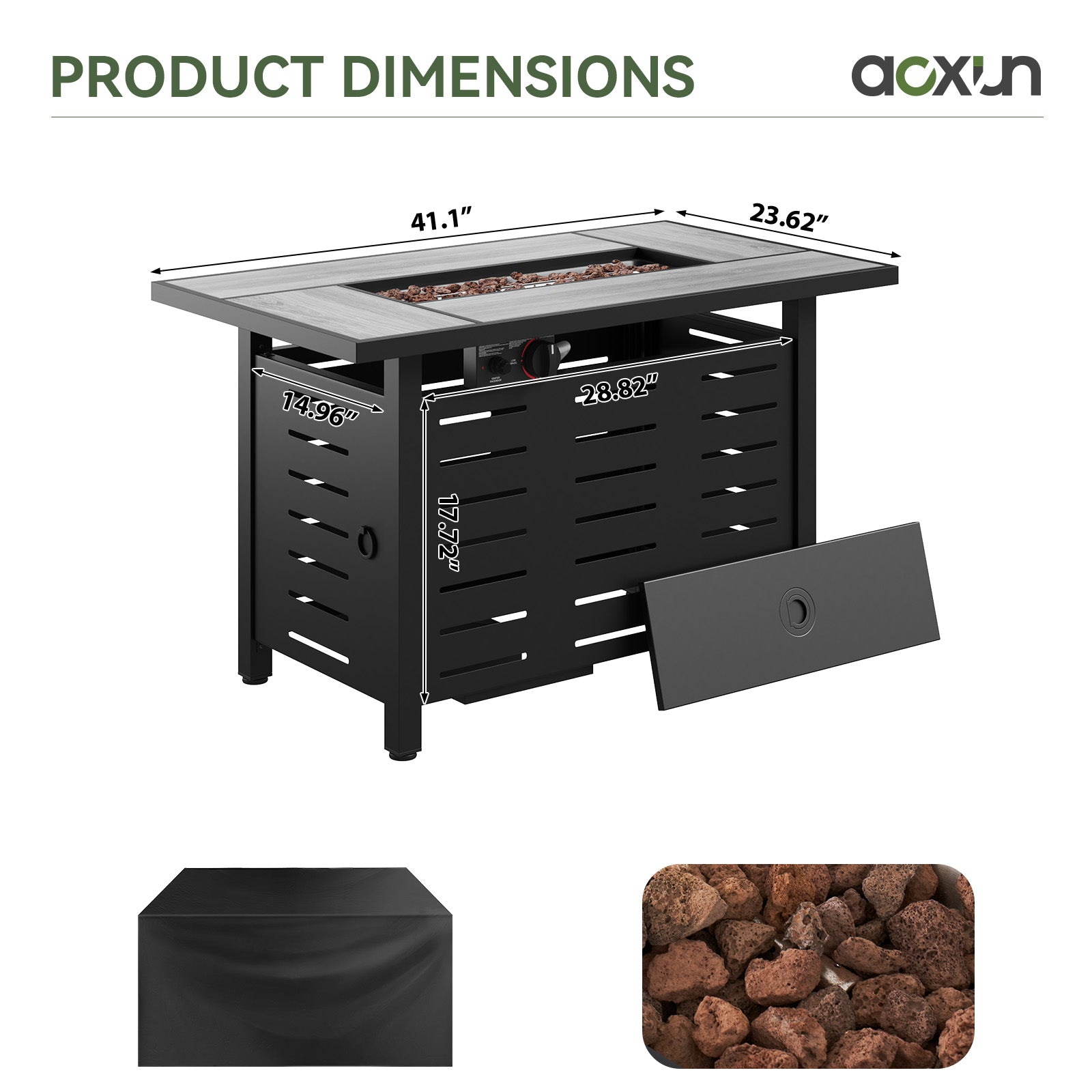Aoxun 42" Propane Fire Pit Table, 60000 BTU Outdoor Patio Heater with Ceramic Top & Lava Rocks, Rectangle Gas Fire Pits for Outside Patio with Removable Lid, Black
