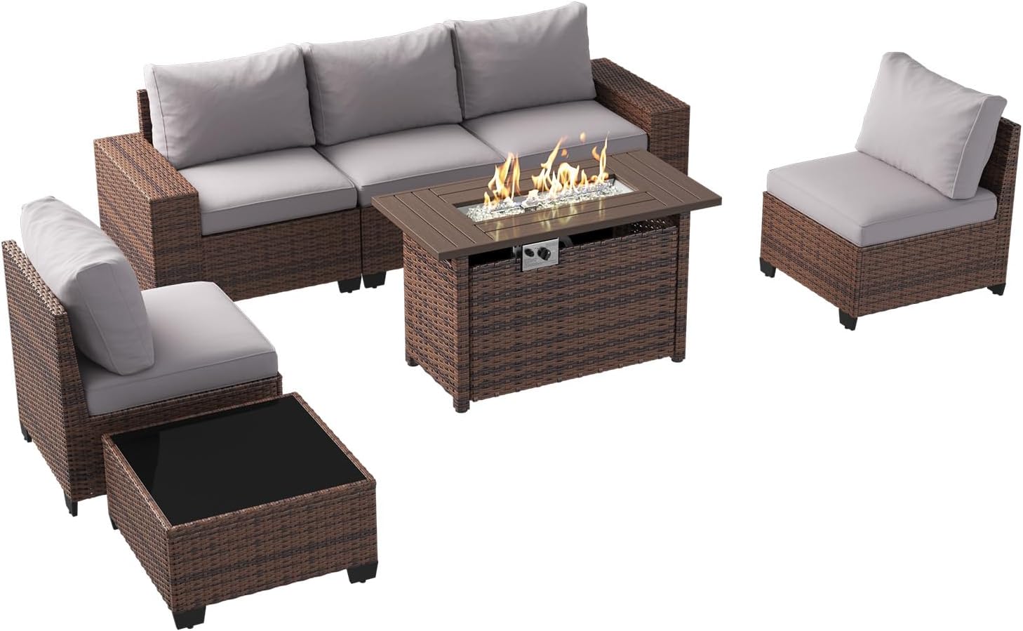 Aoxun Outdoor Furniture with 44'' Fire Pit, 7 Pcs Outdoor Patio Furniture Sets with 4in Thicken Cushion, Widen Armrests Wicker Outdoor Sectional for Backyard (Waterproof Cover Include)