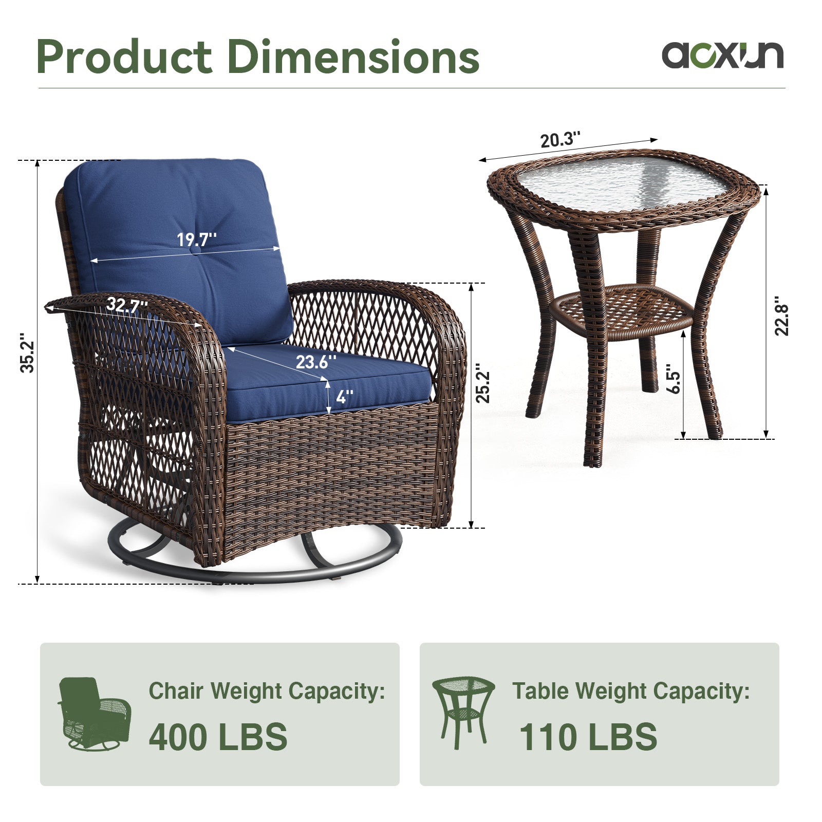 3 pcs Swivel Rocking Chairs & Tempered Glass Table Set