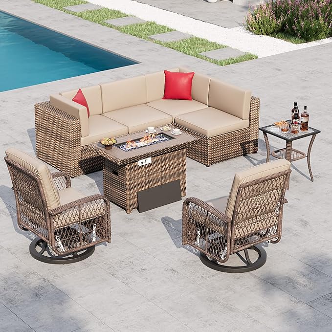 Wicker Patio Furniture Sofa Set with Fire Pit Table