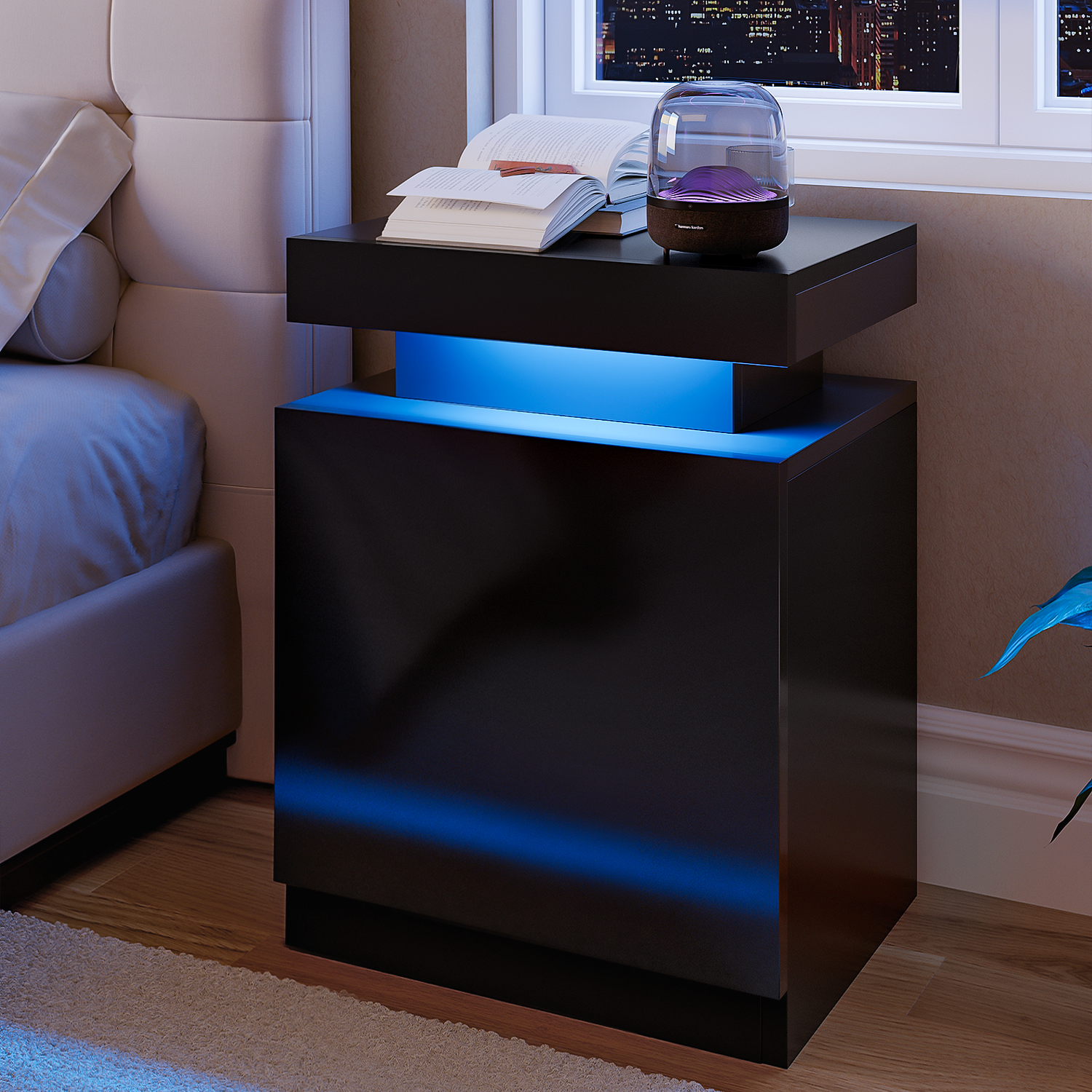 Nightstand Set of 2, LED Nightstand with Cabinet, Bedside Table with LED Lights, Modern End Side Table for Bedroom, Black