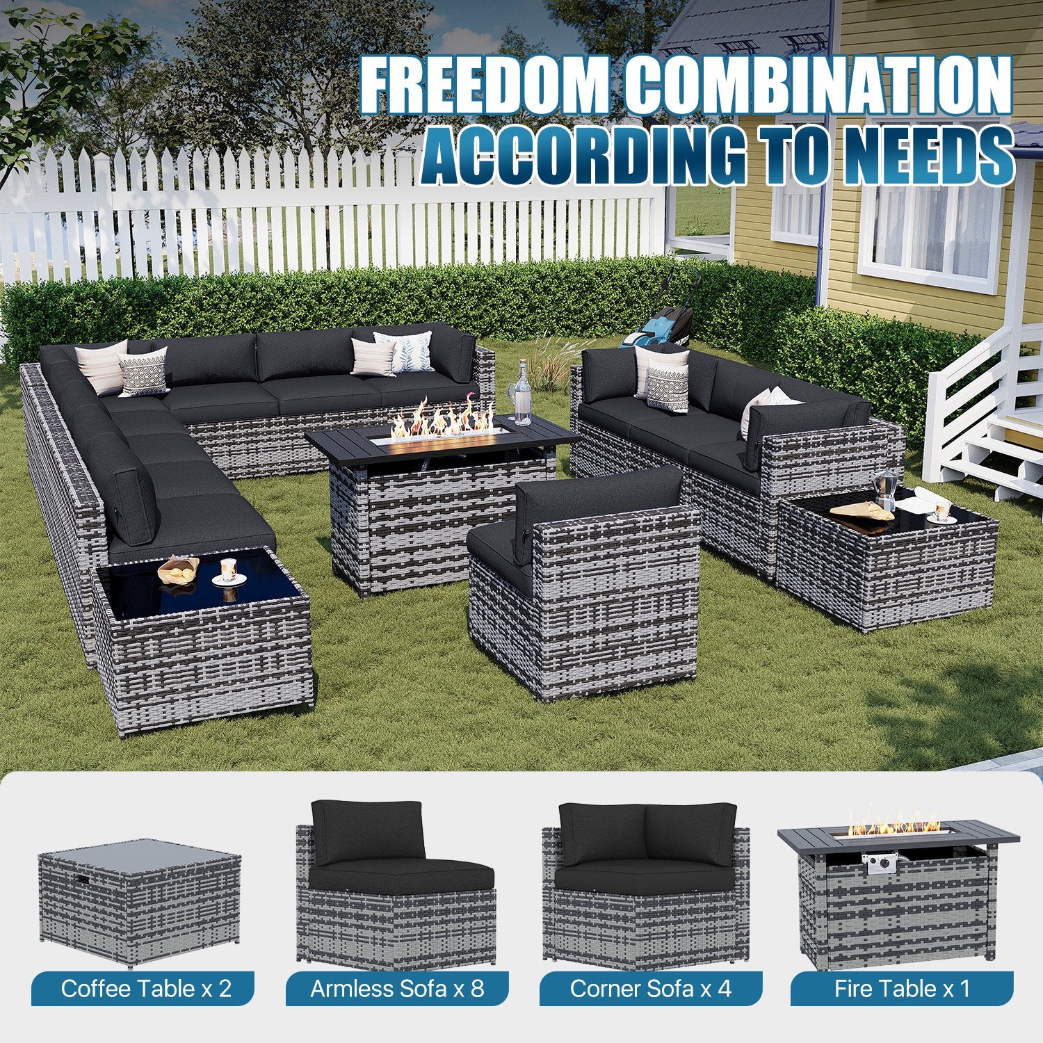 Sunmthink Patio Furniture Sets, 15-Piece Outdoor Patio Furniture with 44'' Propane Gas Firepit Table, Wicker Outdoor Conversation Set and Waterproof Cover for Backyard, Poolside, Garden