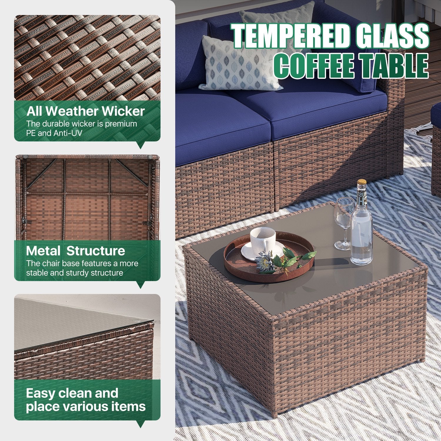 Clouddwell 10 Piece Patio Furniture Set Wicker Rattan Patio Conversation Set Outdoor Sectional Sofa Set with Coffee Table and Blue Cushions(Waterproof Cover Included)