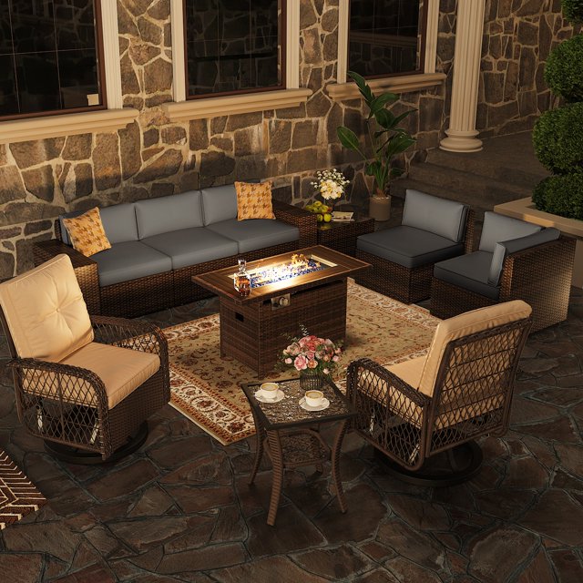 10pcs Outdoor Patio Furniture Sets with Fire Pit Table, PE Rattan Wicker Conversation Sofa Set with Swivel Chairs and Coffee Table for Lawn, Backyard,Balcony, Gray
