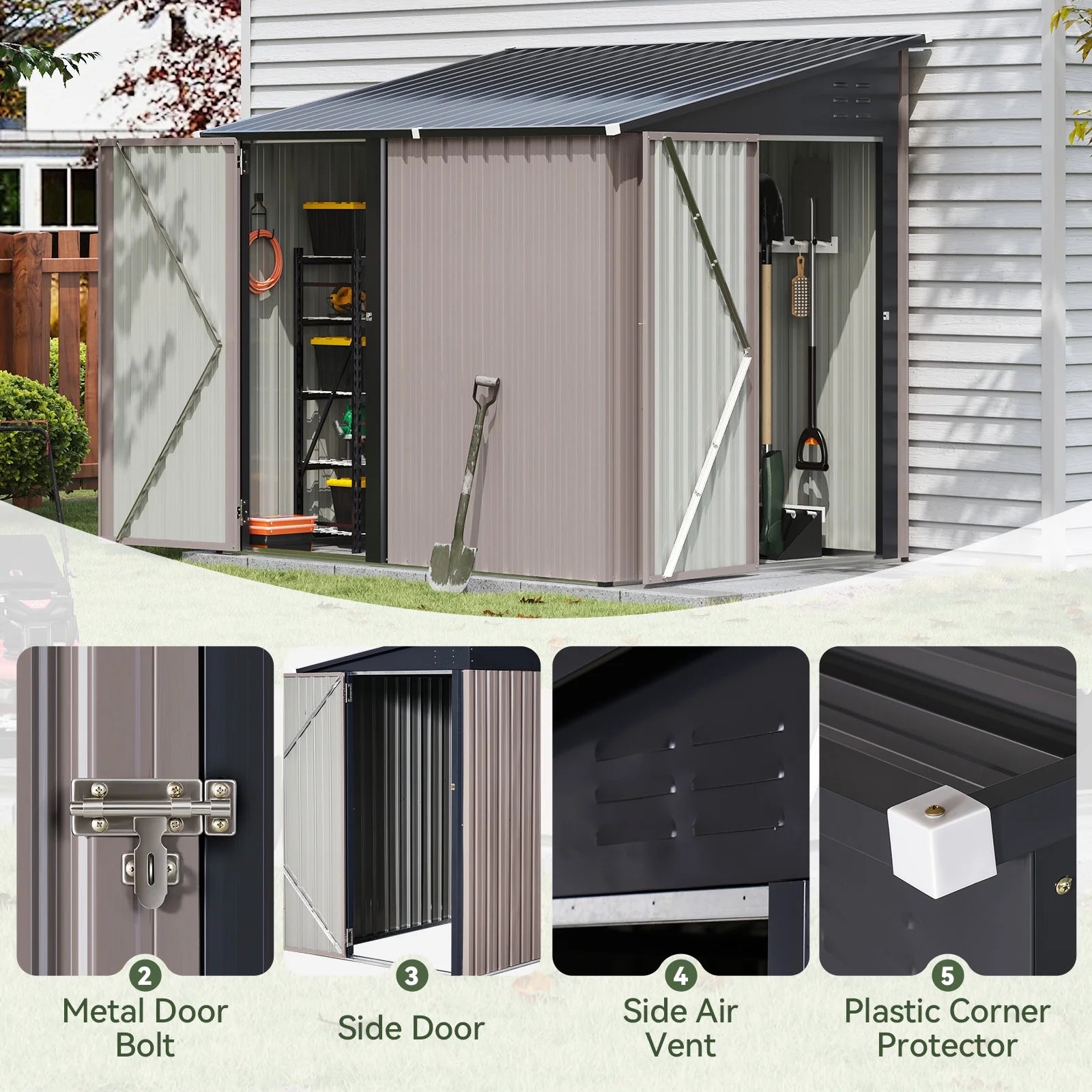 7.1x5.3 Storage Shed Lean to Storage Shed, Outdoor Metal Wall Side Storage Sheds, Outdoor Storage Cabinet for Patio, Garden, Lawn (Brown)