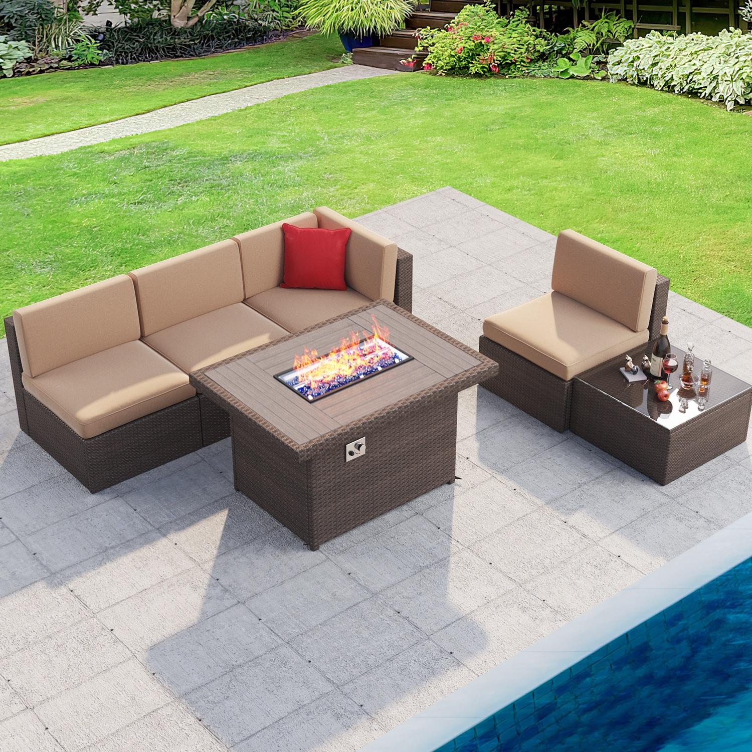 5pcs Patio Conversation Set with Fire Pit Table, Outdoor PE Wicker Conversation Set with Tempered Glass Coffee Table,Brown