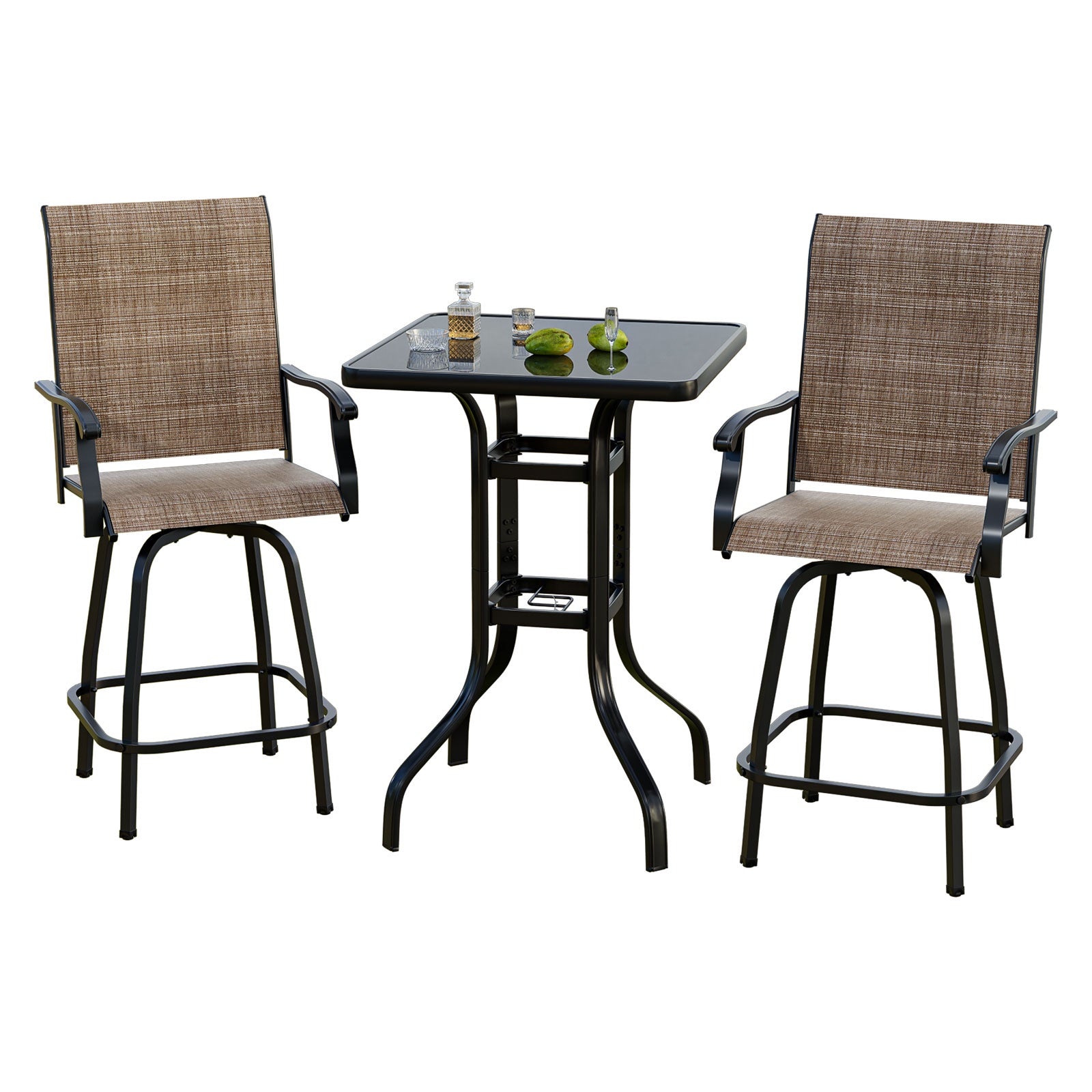 Set of 3 Outdoor Swivel Bar Stools, Patio Bar Height Set High Back and Armrest Chairs for Backyard, Lawn, Garden, Balcony,Brown