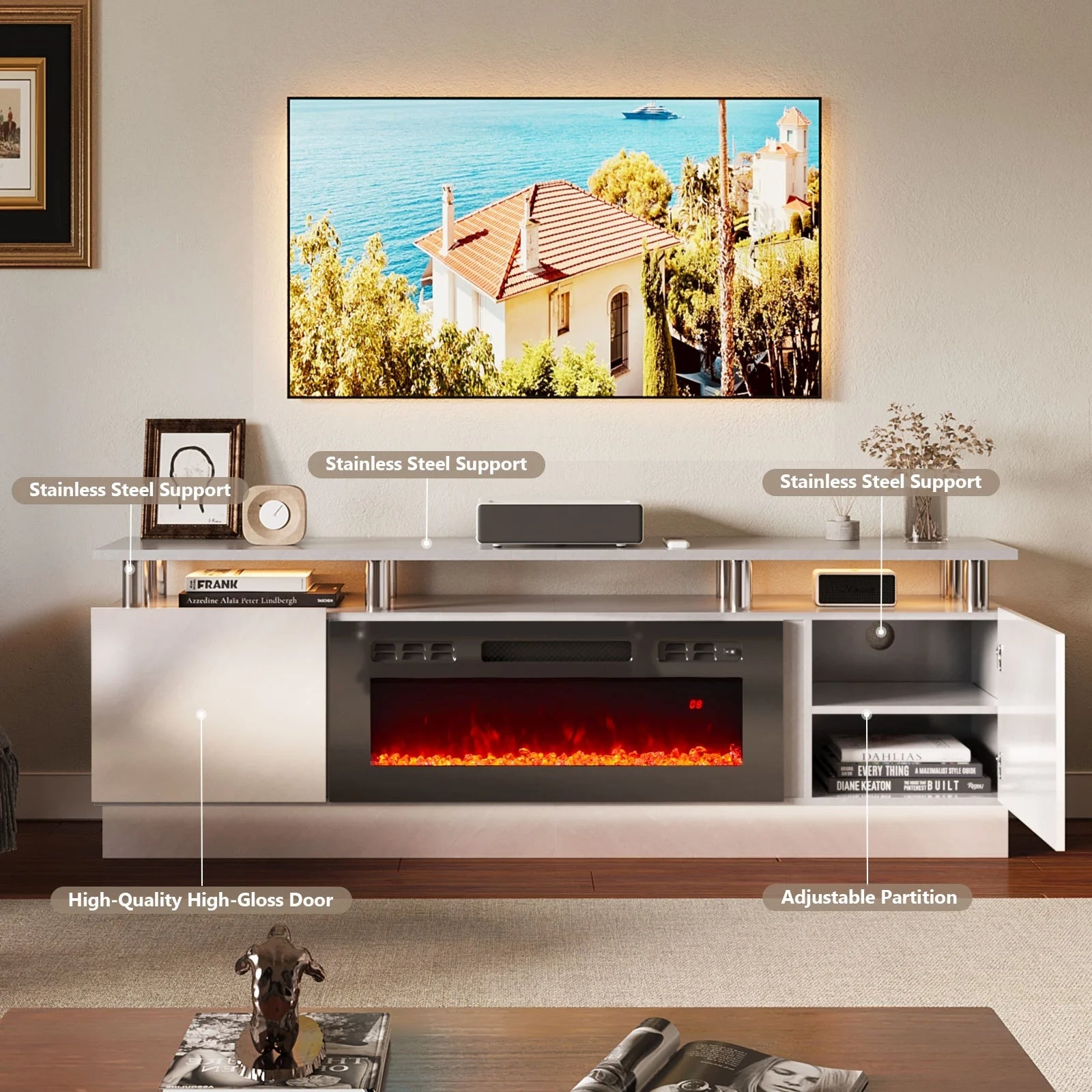 Fireplace TV Stand, Entertainment Center for TVs up to 80", 70" TV Stand with 36" Electric Fireplace, LED Lights Entertainment Center, TV Console, Grey