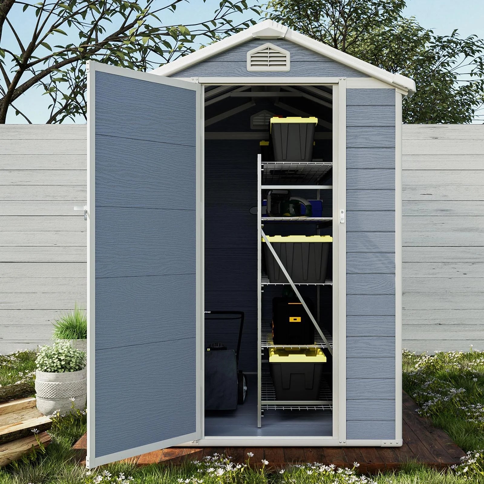 6.3’x4.4’ Resin Outdoor Storage Shed with Base Frame, Plastic Outdoor Sheds with Lockable Door and Window for Backyard, Patio, Lawn