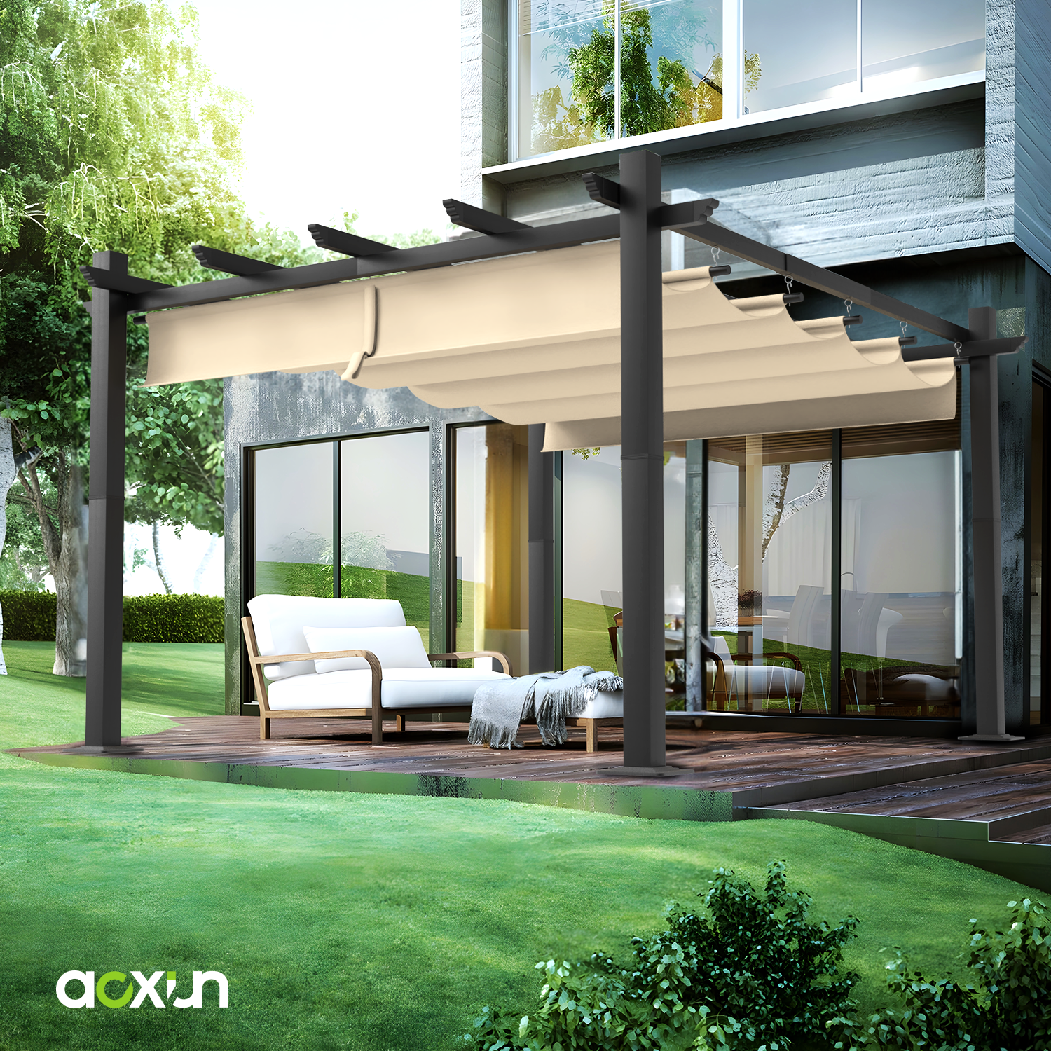 10'x12' Outdoor Retractable Pergola, with Sun-Proof Canopy, Patio Metal Pergolas Gazebos for Backyards, Gardens, Patios, Beige