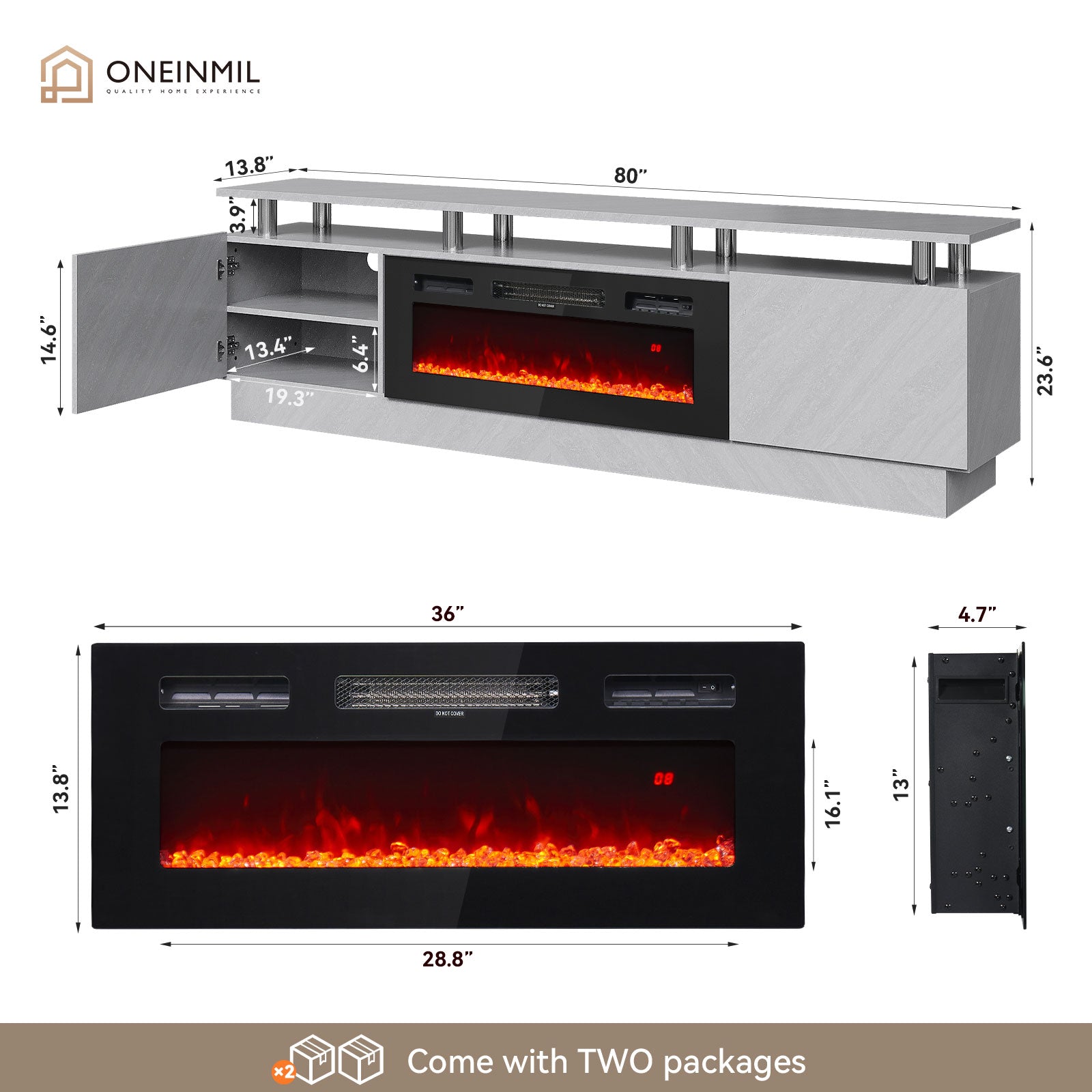 Fireplace TV Stand with 36" Electric Fireplace, Entertainment Center for TVs up to 90", LED Lights Entertainment Center, TV Console, Grey