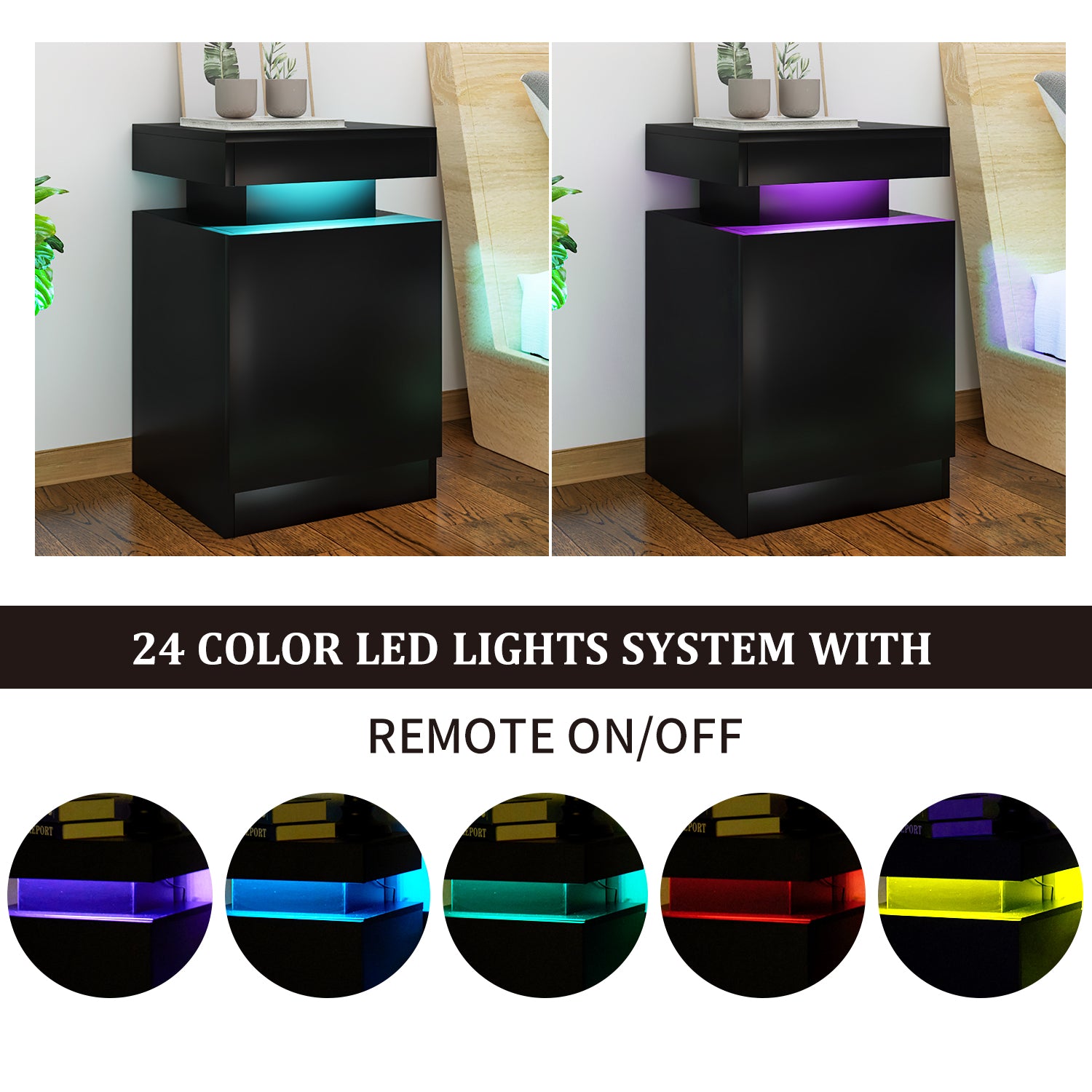 Oneinmil Set of 2 Home Nightstand, Black, with 24 Color LED Lights