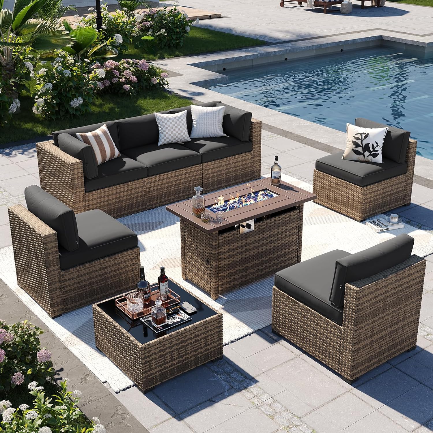 Aoxun Patio Furniture Set 7-Piece with Umbrella / Fire Pit