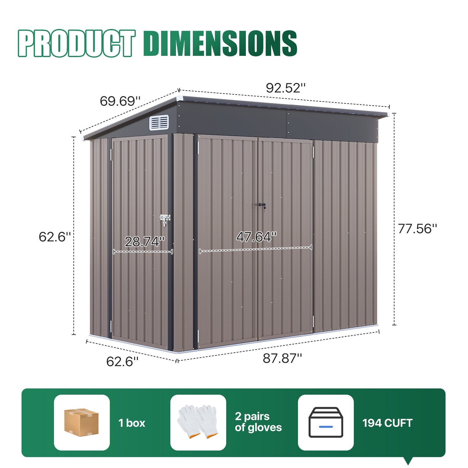 Clouddwell 8ft x 6ft Heavy-Duty Metal Storage Shed with 3 Doors, Lockable Lean-To Design, Weatherproof for Garden & Tools (Brown)