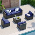 Clouddwell 7-Piece Patio Furniture Set on Sale, Black Rattan Wicker Outdoor Sectional Sofa Couch with Table Patio Conversation Set for Lawn& Backyard,Blue