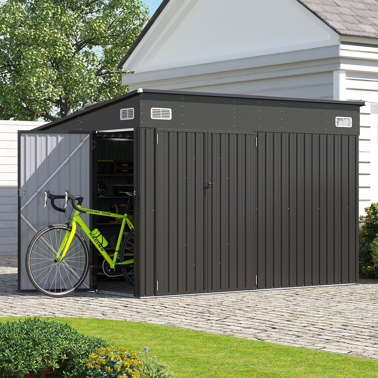 10' x 8' Metal Storage Shed with Triple Doors, Lockable Lean-to Design & Vents, Black