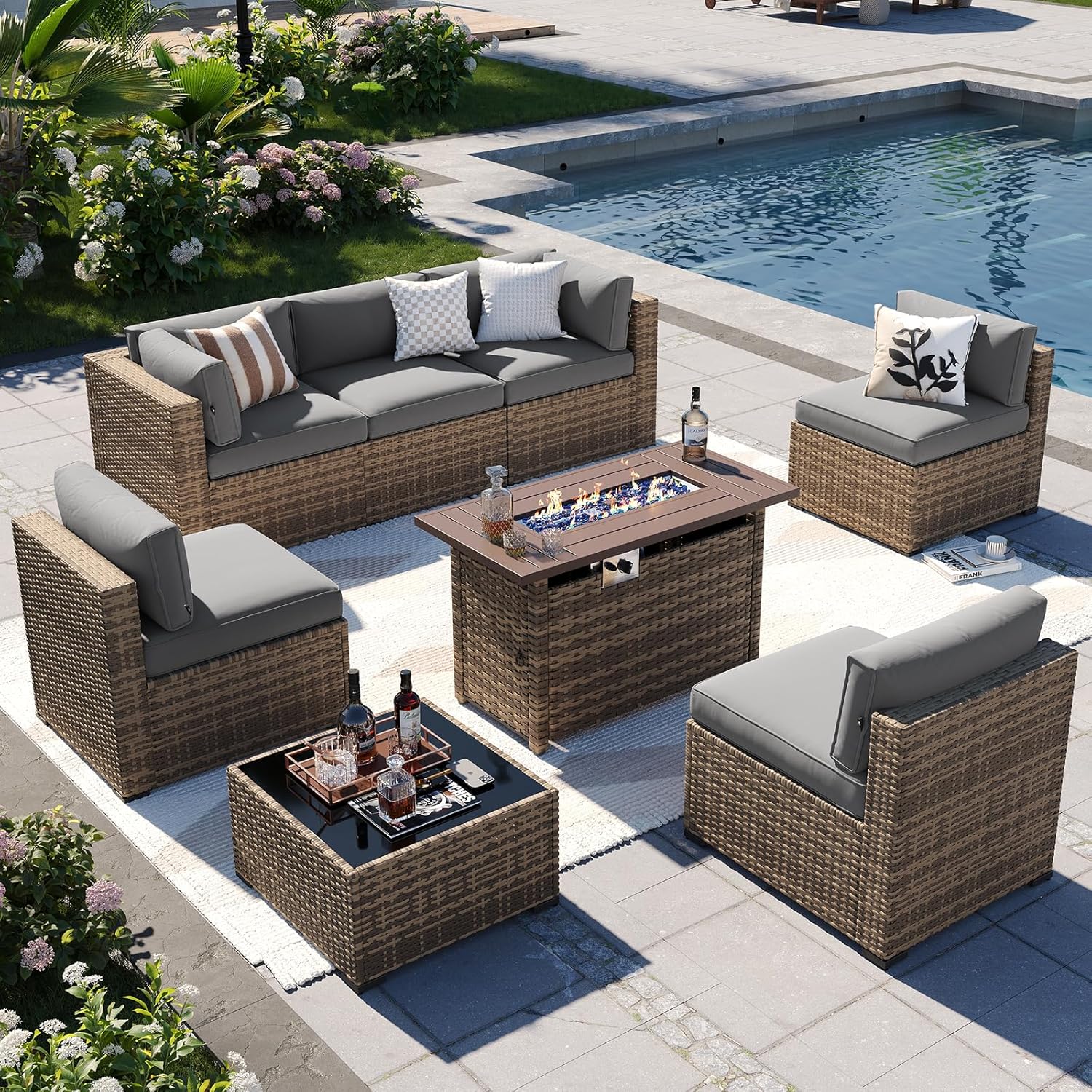 Aoxun Patio Furniture Set 7-Piece with Umbrella / Fire Pit