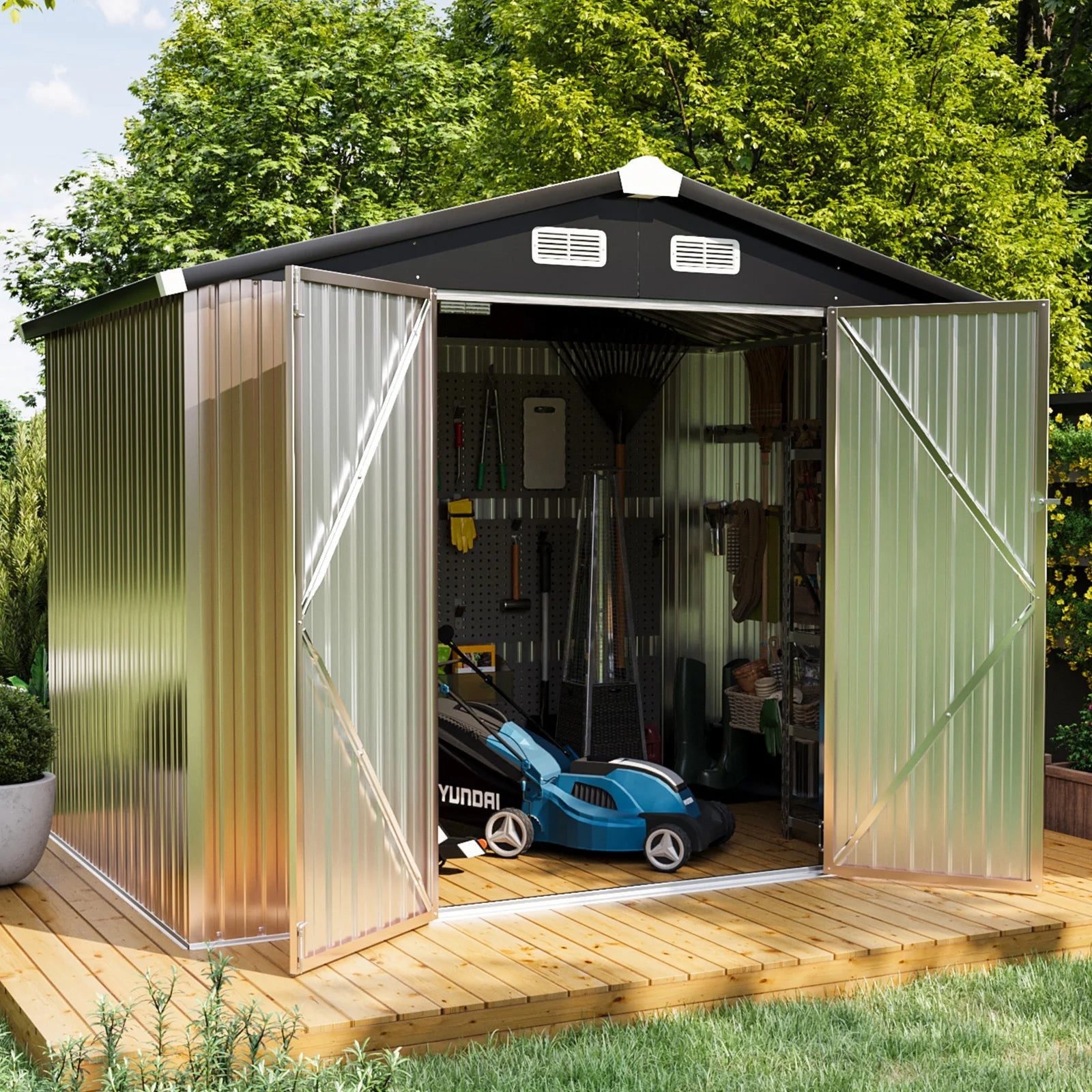 8.5' x 5.6' Outdoor Storage Shed, Metal Shed with Lockable Door for Ba