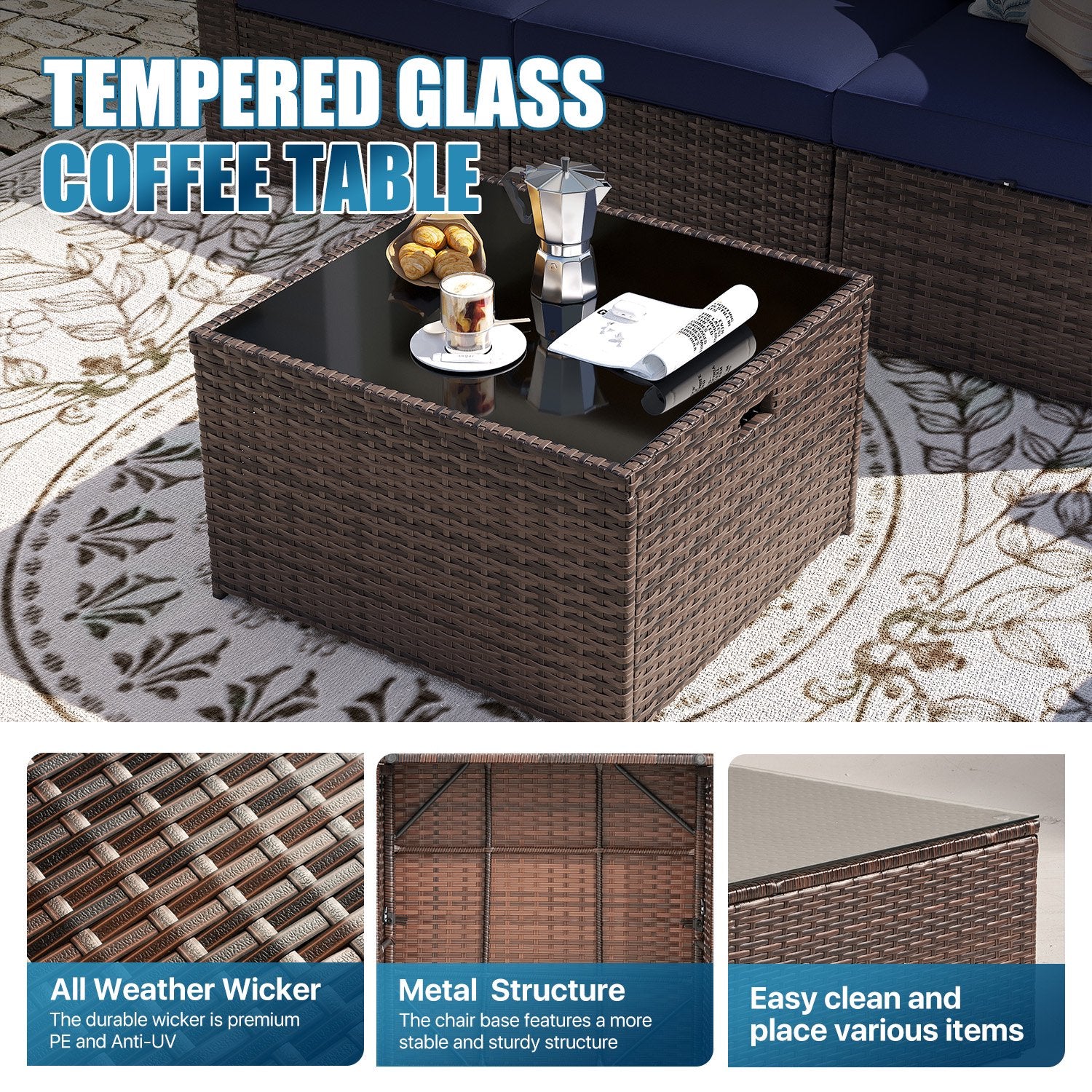 Sunmthink Patio Furniture Sets, 15-Piece Outdoor Patio Furniture with 44'' Propane Gas Firepit Table, Wicker Outdoor Conversation Set and Waterproof Cover for Backyard, Poolside, Garden