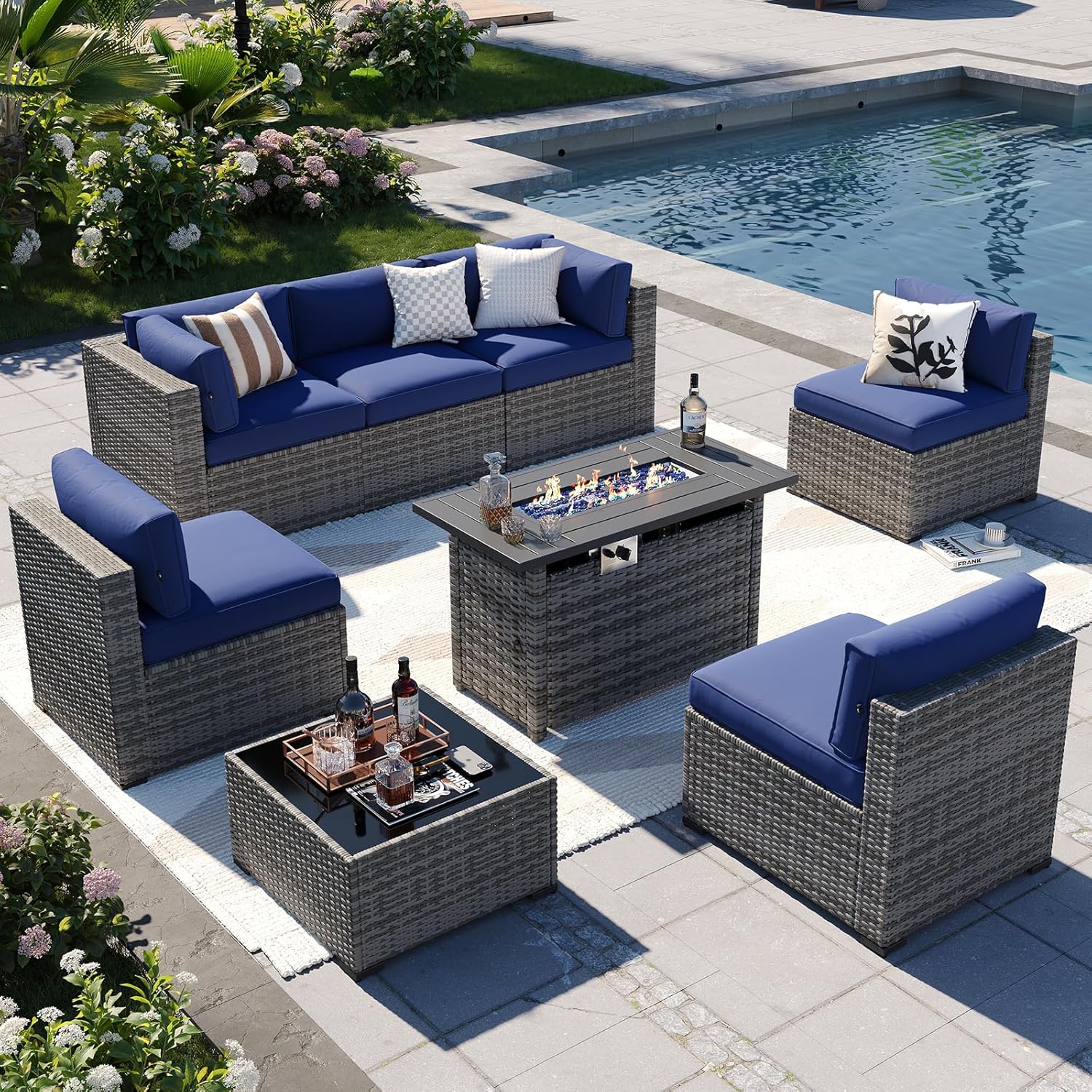 Aoxun Patio Furniture Set 7-Piece with Umbrella / Fire Pit