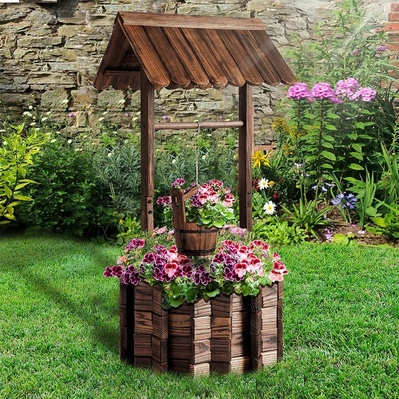 Hexagon Wooden Wishing Well Cover, Fake Well with Hanging Bucket (small size)