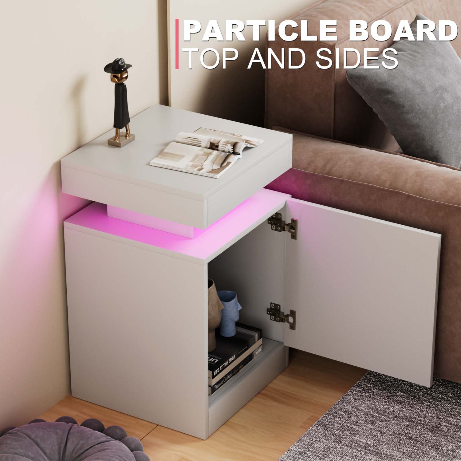 2 Pcs Nightstand with Led Lights, End Table Suitable for Bedroom, Sofa Side, White