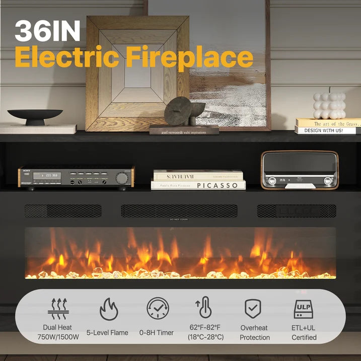 Sonegra Fireplace TV Stand with 36" Electric Fireplace, Mid Century Modern Entertainment Center with Led Lights for 80" TVs , Wood Media Console with Slatted Sliding Doors for Living Room