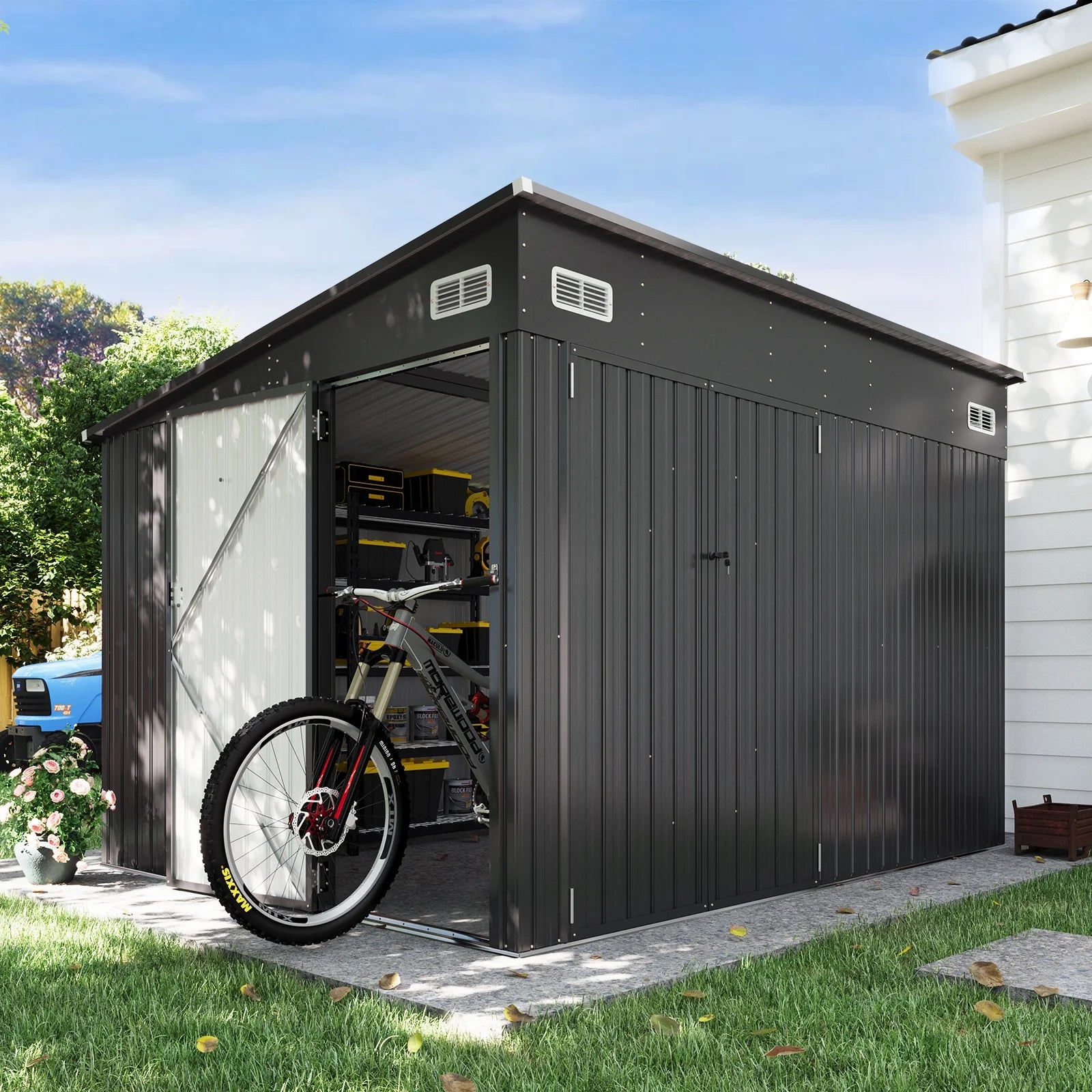 9.5'x7.5' Shed Outdoor Storage Shed with Triple Lockable Door Metal Storage Cabinet with Slopping Roof