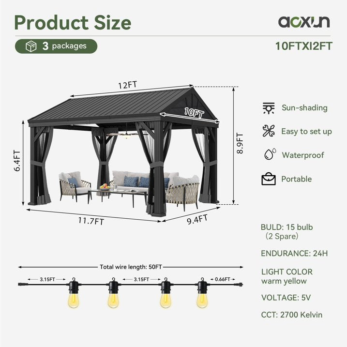 10' X 12' Hardtop Gazebo, Aluminum Outdoor Gazebo with Galvanized Steel Gable Roof Canopy, Patio Permanent Metal Gazebo Pavilion and LED Outdoor Waterproof Hanging Lights, for Garden, Deck