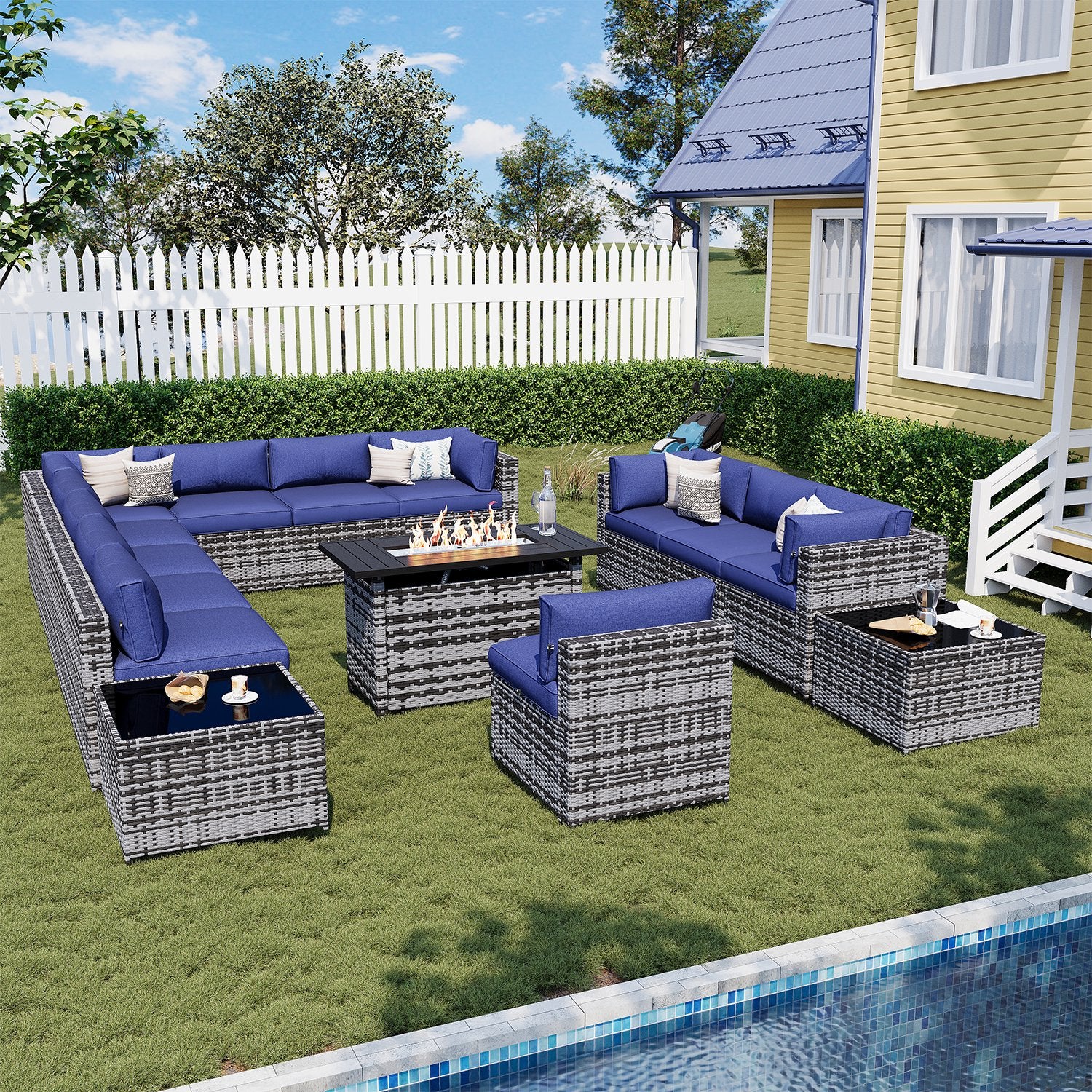 Sunmthink Patio Furniture Sets, 15-Piece Outdoor Patio Furniture with 44'' Propane Gas Firepit Table, Wicker Outdoor Conversation Set and Waterproof Cover for Backyard, Poolside, Garden