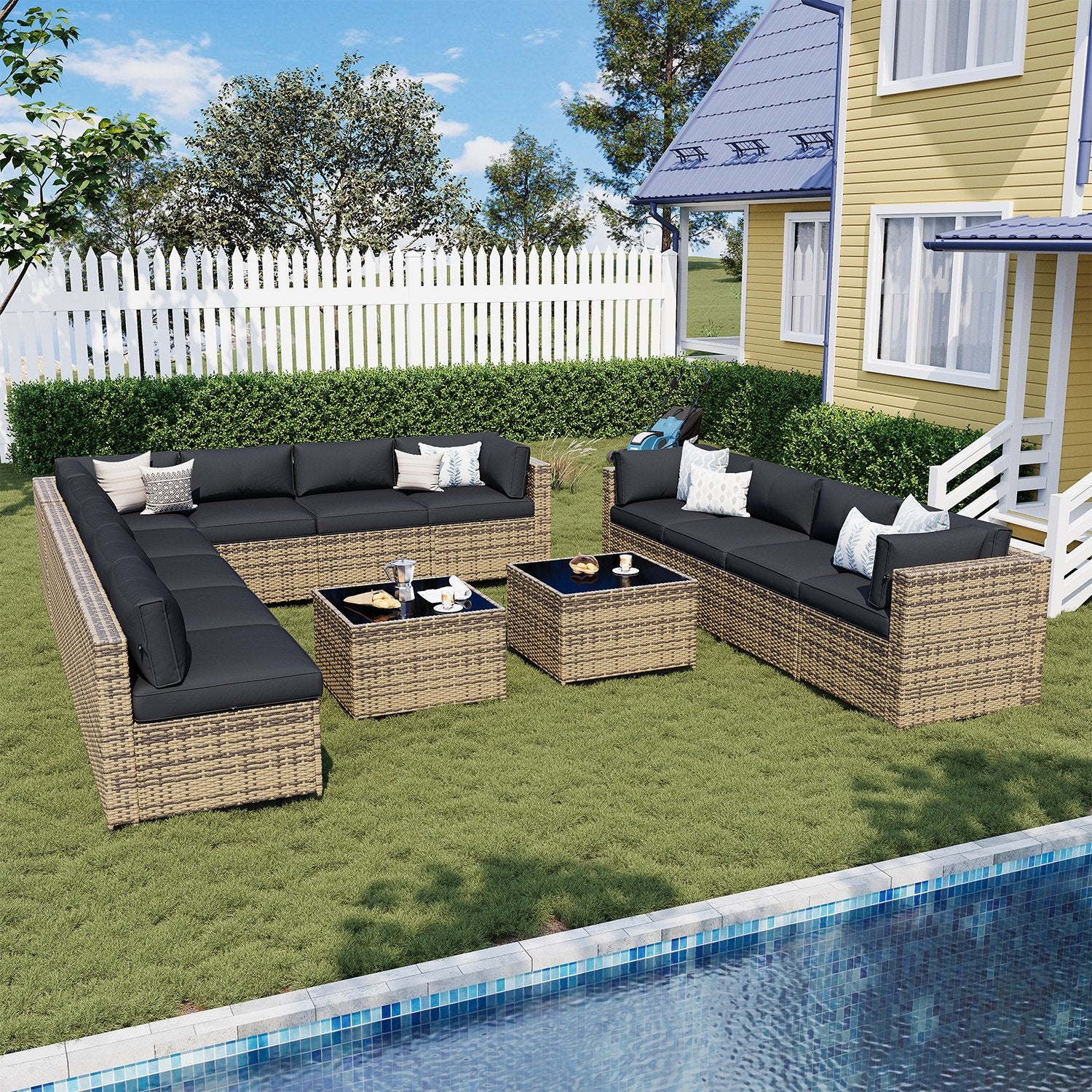 Sunmthink Patio Furniture Sets, 14-Piece Outdoor Patio Furniture with Thick Cushions, Wicker Outdoor Conversation Set and Waterproof Cover for Backyard, Poolside, Garden