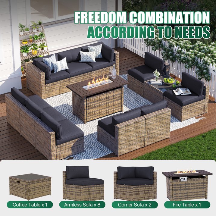 Clouddwell 12 Piece Patio Furniture Set with 44” Fire Pit Table Wicker Rattan Patio Conversation Set Outdoor Sectional Sofa Set with Coffee Table and Black Cushions(Waterproof Cover Included)