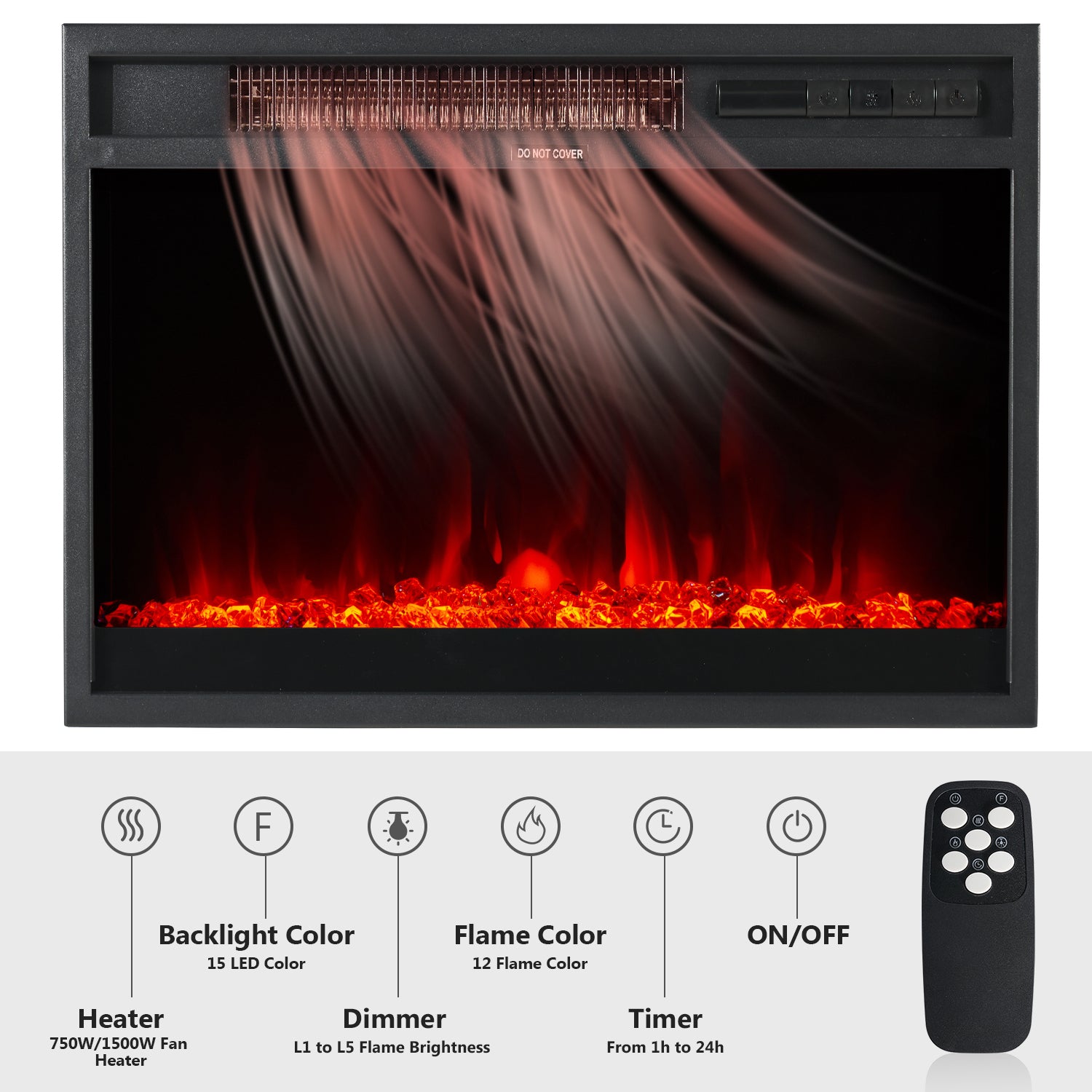 65" TV Stand with Fireplace for TVs up to 75", Entertainment Center with LED Light, TV Stand for Living Room, Black