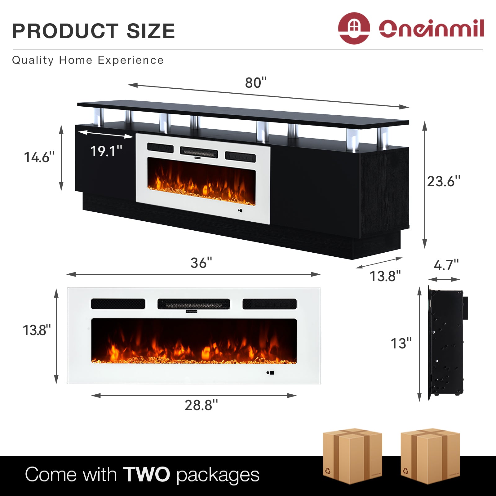Fireplace TV Stand with 36” Electric Fireplace, Entertainment Center for TVs up to 90", LED Lights Entertainment Center, TV Console, Black&White