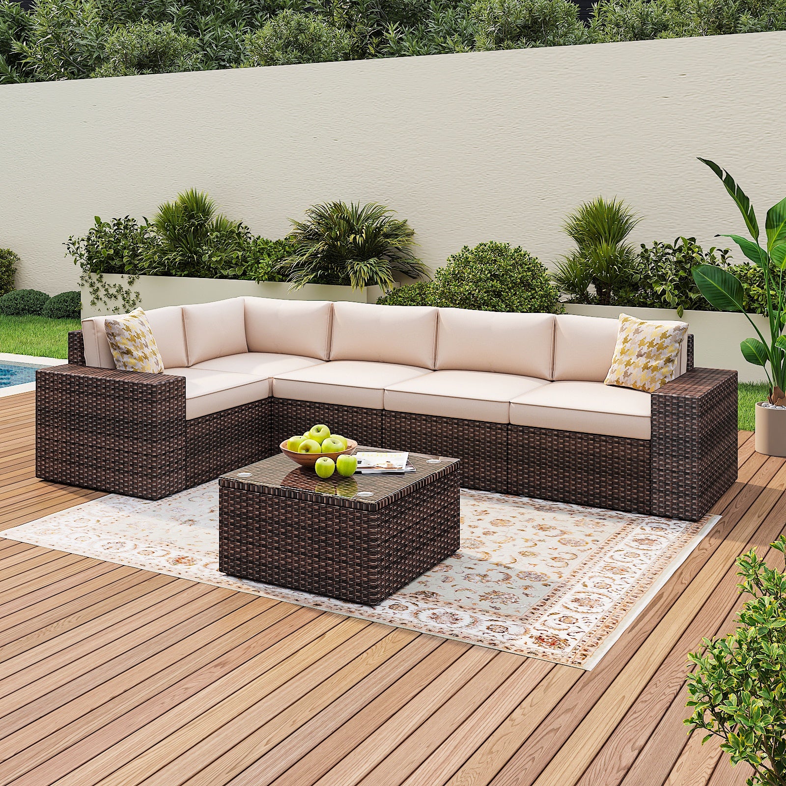 6 Pieces Outdoor Patio Furniture Sets, PE Rattan Wicker Sectional Sofa with Coffee Table for Lawn, Backyard,Balcony, Beige